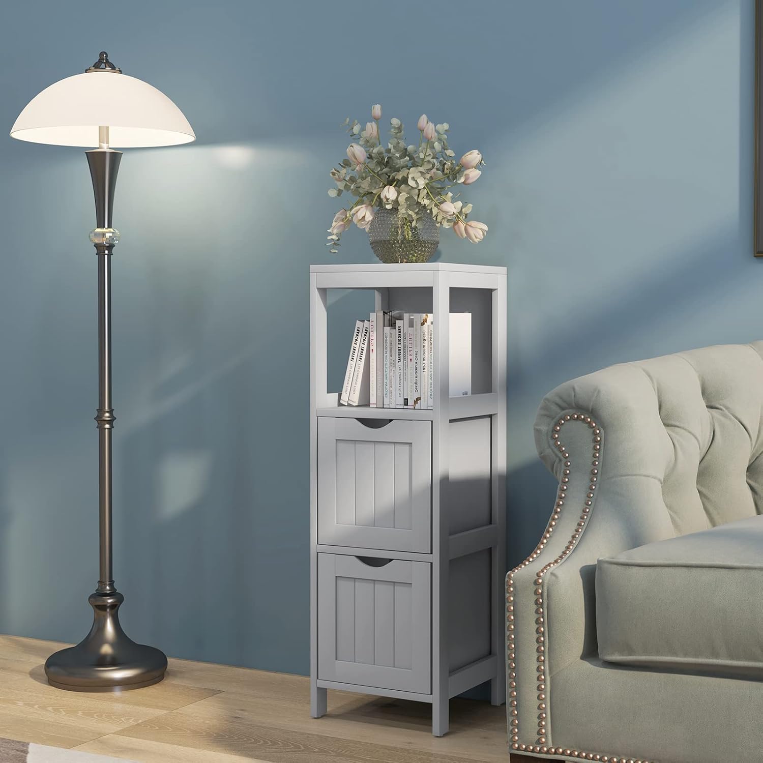 LOKO Bathroom Storage Cabinet, Narrow Freestanding Floor Cabinet with 2 Removable Drawers & 2 Shelves, 35” 4-Tier Tower Storage Organizer for Bathroom, Living Room, Entryway (Grey)