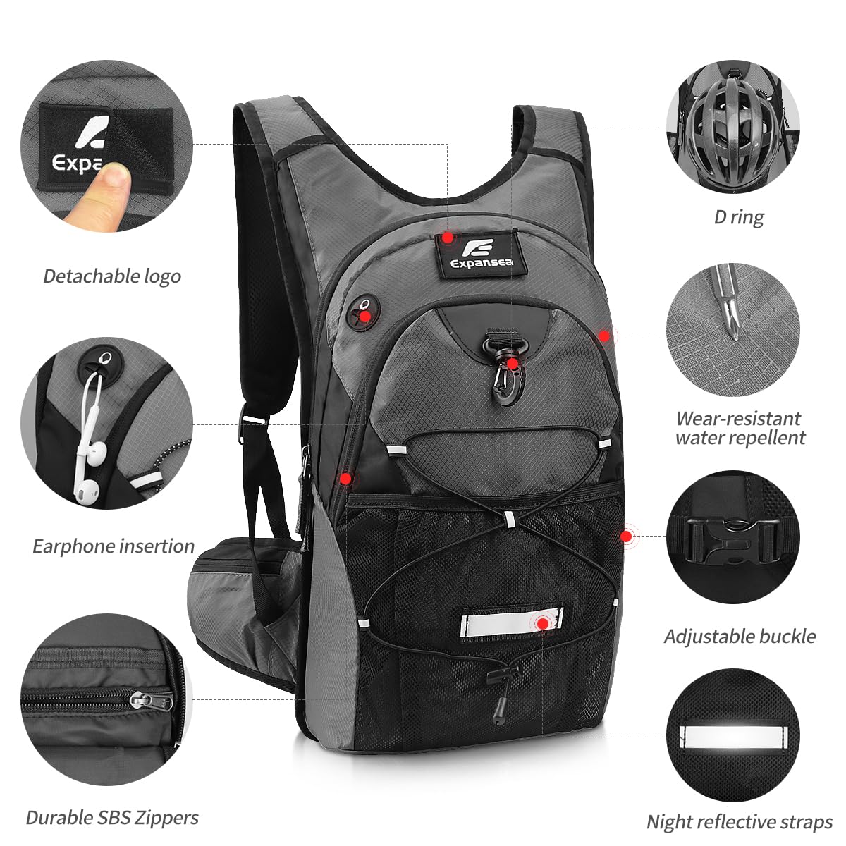 Expansea Zaino per Idratazione con Sacca d'Acqua 3L, materiale impermeabile e resistente all'usura, Adatto per gli sport all'aria aperta, corsa, ciclismo, escursionismo, alpinismo, sci