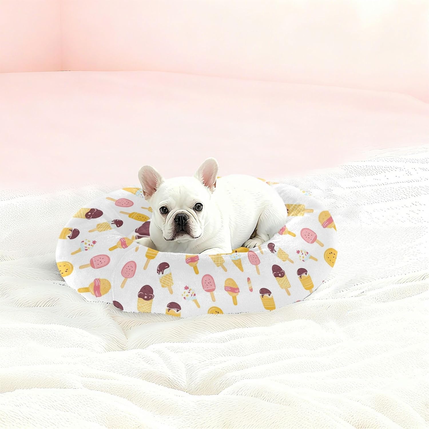 Pet Dog Beds Anxiety Relief Fluffy Cat Pillow Bed for Medium Size Pets Supplies M Ice Cream White