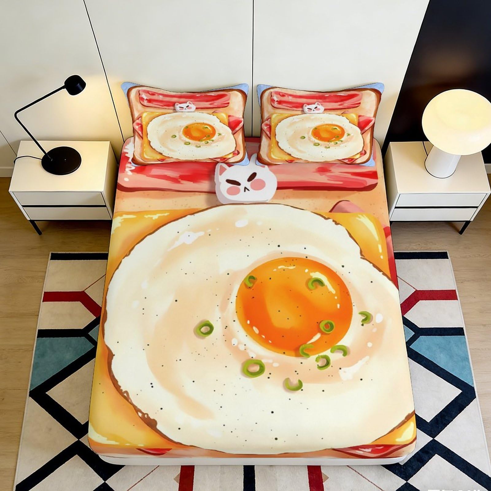 3D Printed Fried Egg Pattern Fitted Sheet Microfiber Soft Breathable Bacon Strip Bed Cover for Bedroom Dormitory Guest Room Mattress Protection 90x200x25cm