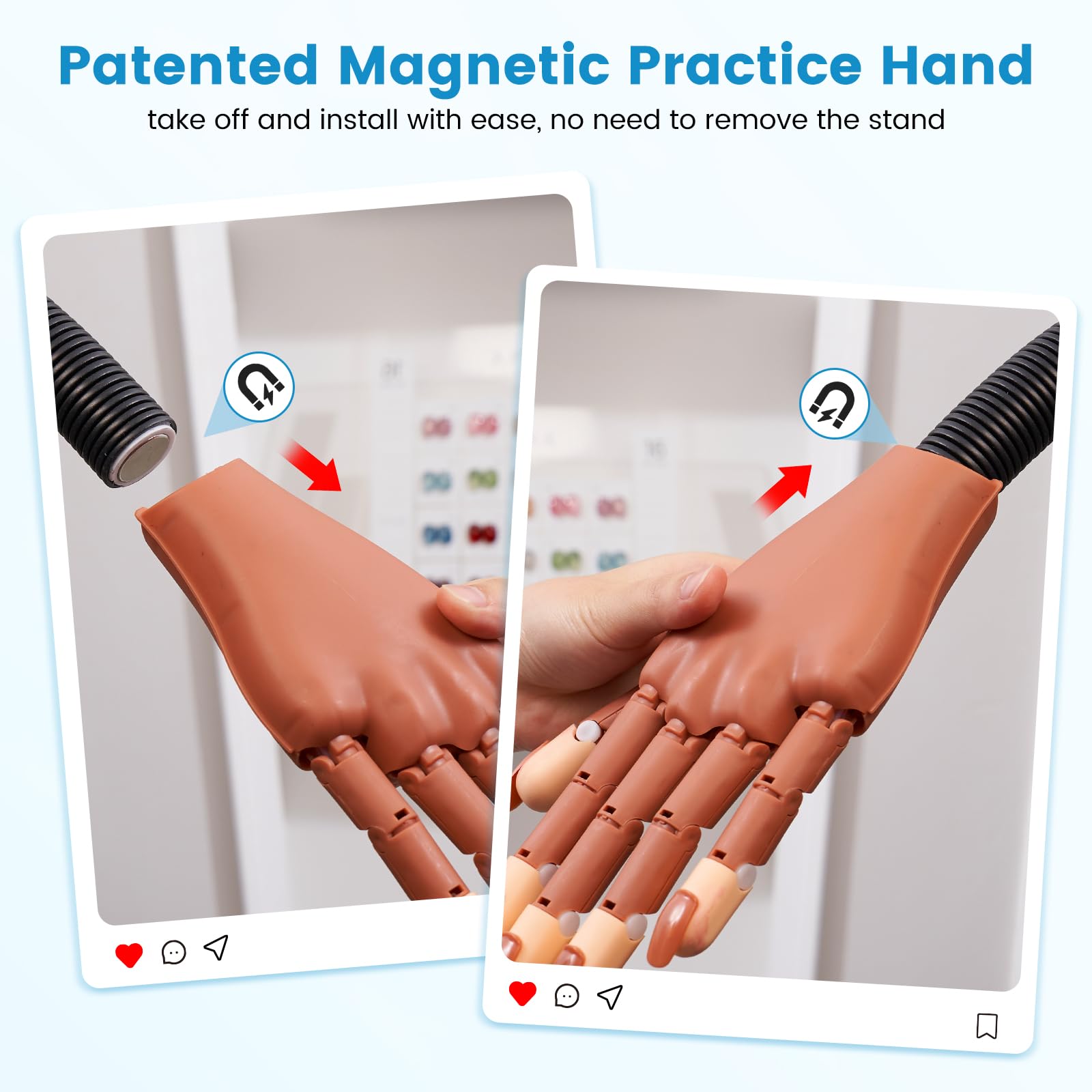 Wilfniee Mano magnetica pratica per unghie acriliche: mano flessibile per praticare unghie finte, kit manicure per principianti, marrone