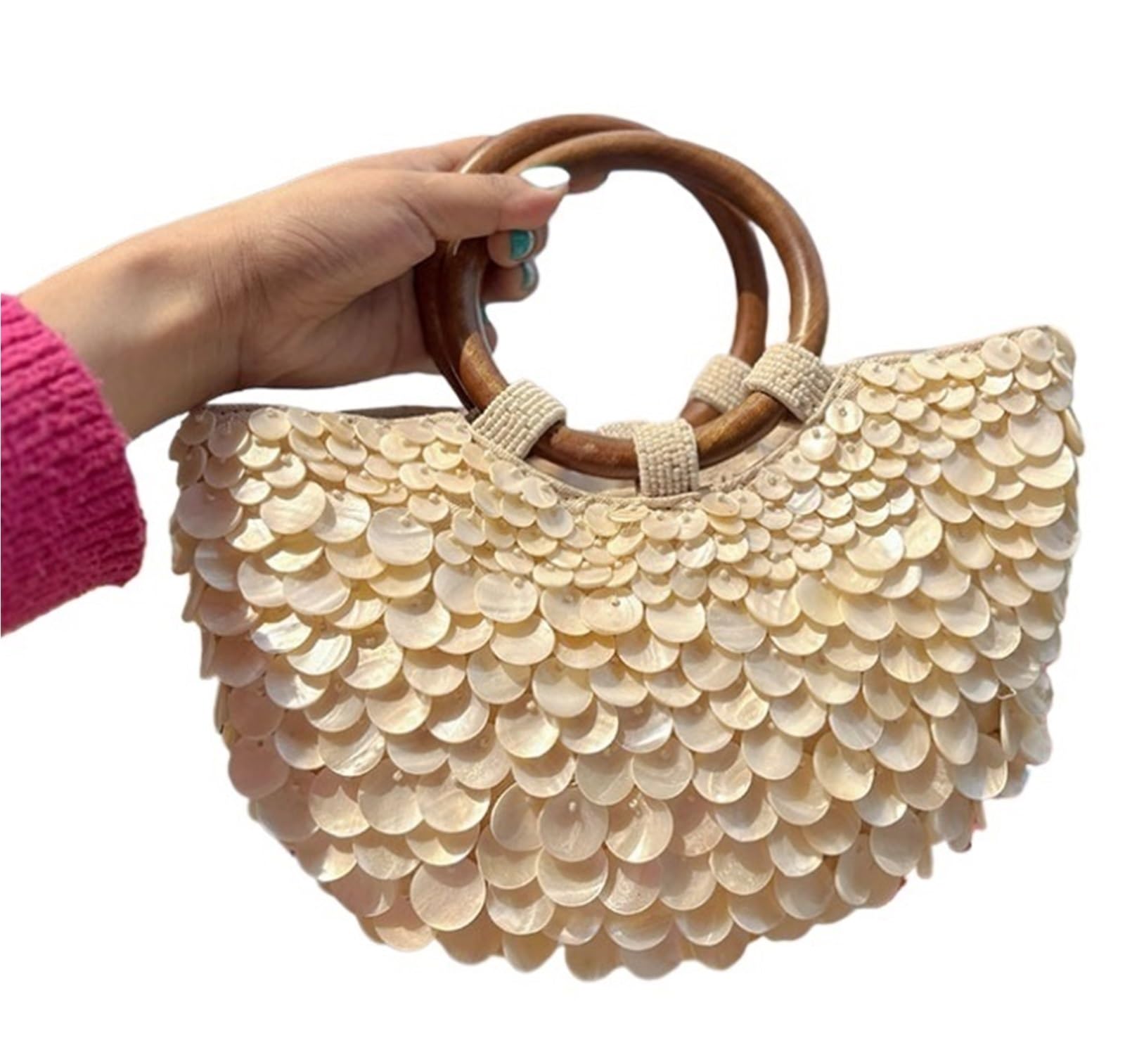 Torebka Z Koralikami Ręcznie Robiona - Muszle, Biała, 9,45*1,97*7,09 Cala, 320g, 2 Uchwyt, 4 Komórki, Klapa, Crossbody, Uniseks, Dorosły