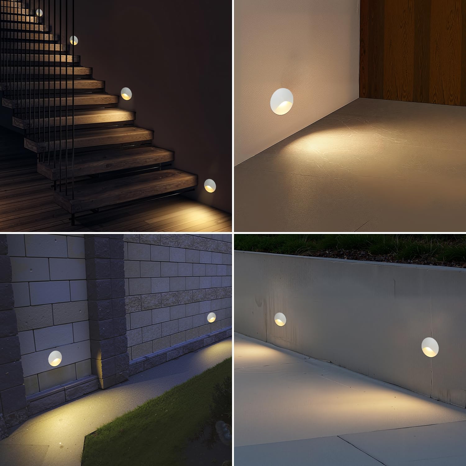 iluminacion escalera 3W Blanco cálido, Luces Empotrables luz led escaleras, 60mm, aluminio, redondas, 230V, 3W, Apliques de pared de Luces de escalera IP44, Blanco, Juego de 8 lámparas