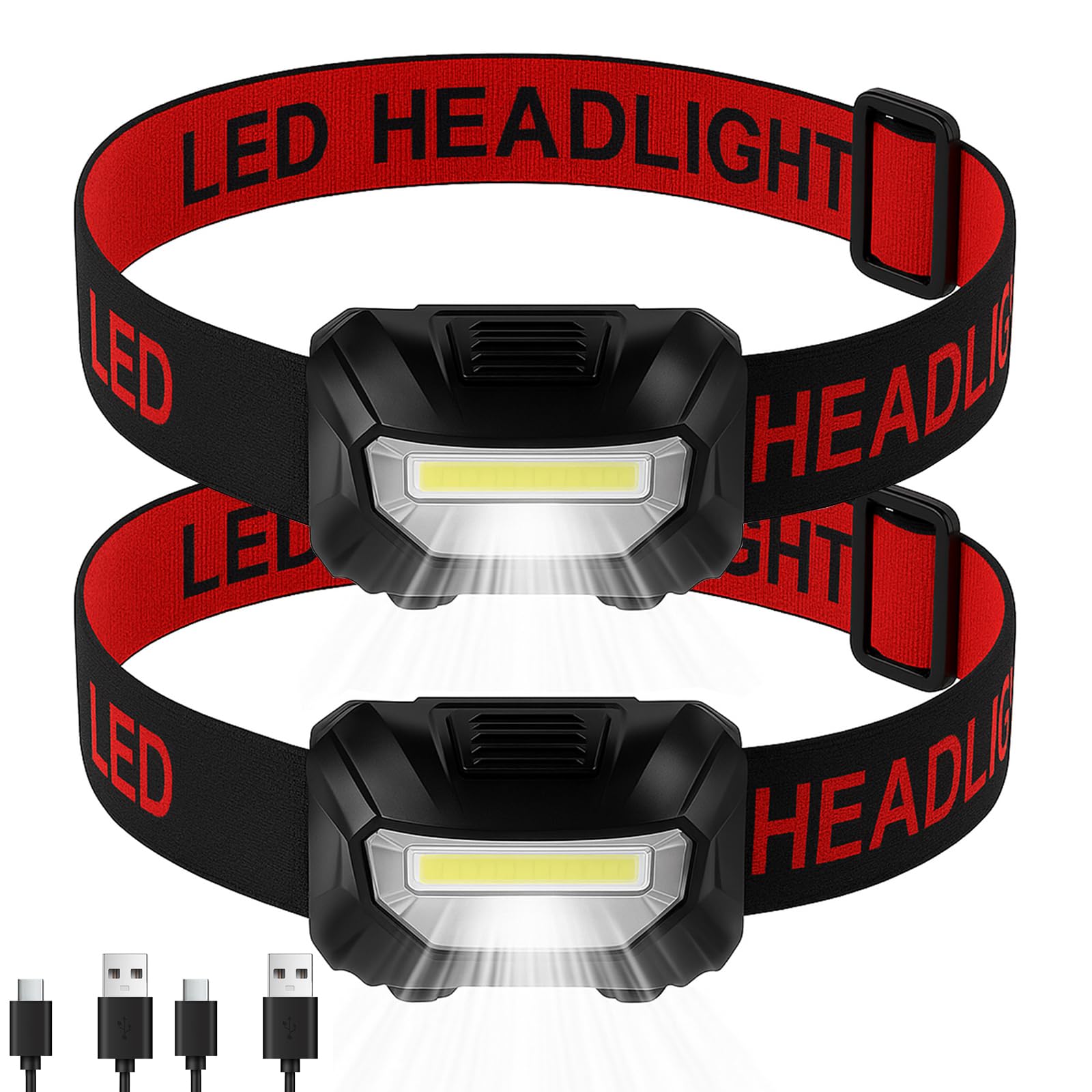 Head Torch, Xndryan 2 Pack COB Headlamp Super Bright Rechargeable Headlight 3 Modes & Adjustable Angle, Lightweight Headtorch for Cycling, Running, Camping, Fishing