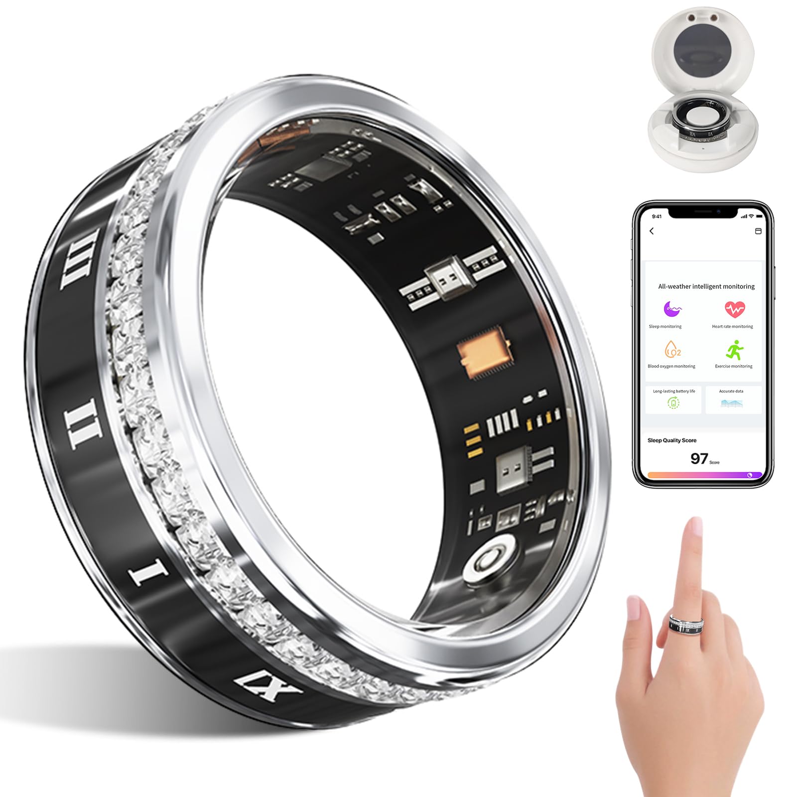 Anello Smart Health con diamanti incastonati per uomini e donne, fitness tracker con frequenza cardiaca, ossigeno nel sangue, pressione sanguigna, conteggio dei passi, monitoraggio del sonno
