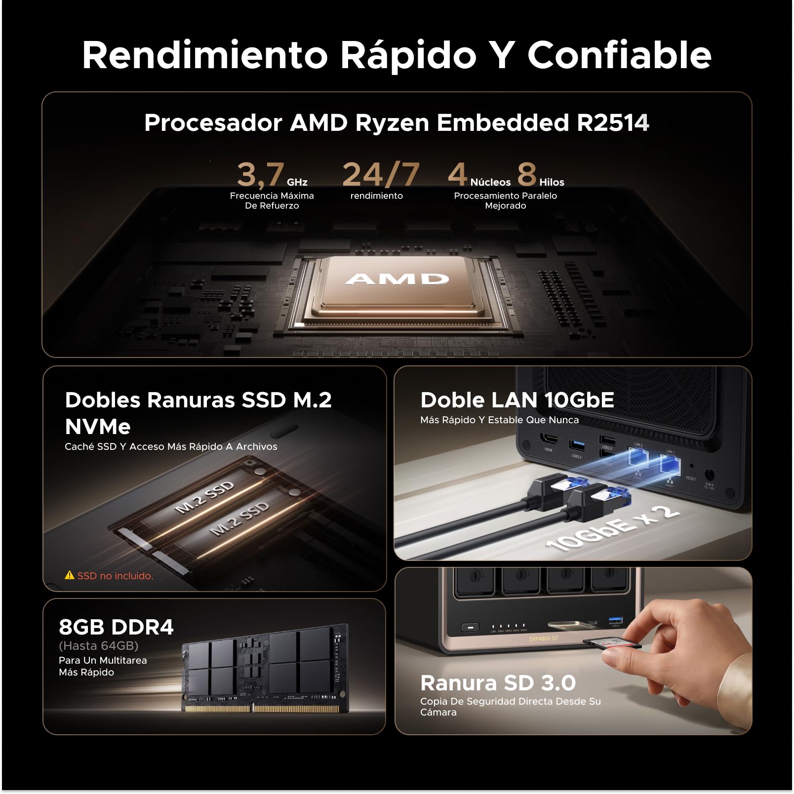 UGREEN NASync DXP4800 GT NAS 4 bahías, Dual LAN 10GbE, CPU AMD Ryzen Embedded R2514, 8GB RAM, Support ECC, Ranura SD, Doble M.2 NVMe, HDMI 4K, Centro vigilancia (Sin Discos)