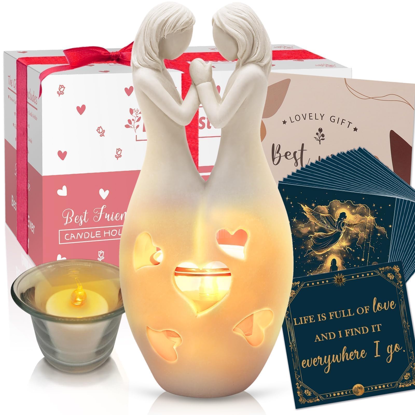 DREAMORIE Sister Gifts Candle Holder Figurines with 50 Mindfulness Cards, Uplifting Cards for Daily Affirmation, Unique Birthday Gift for Women, Ideal Inspirational Gifts for Women