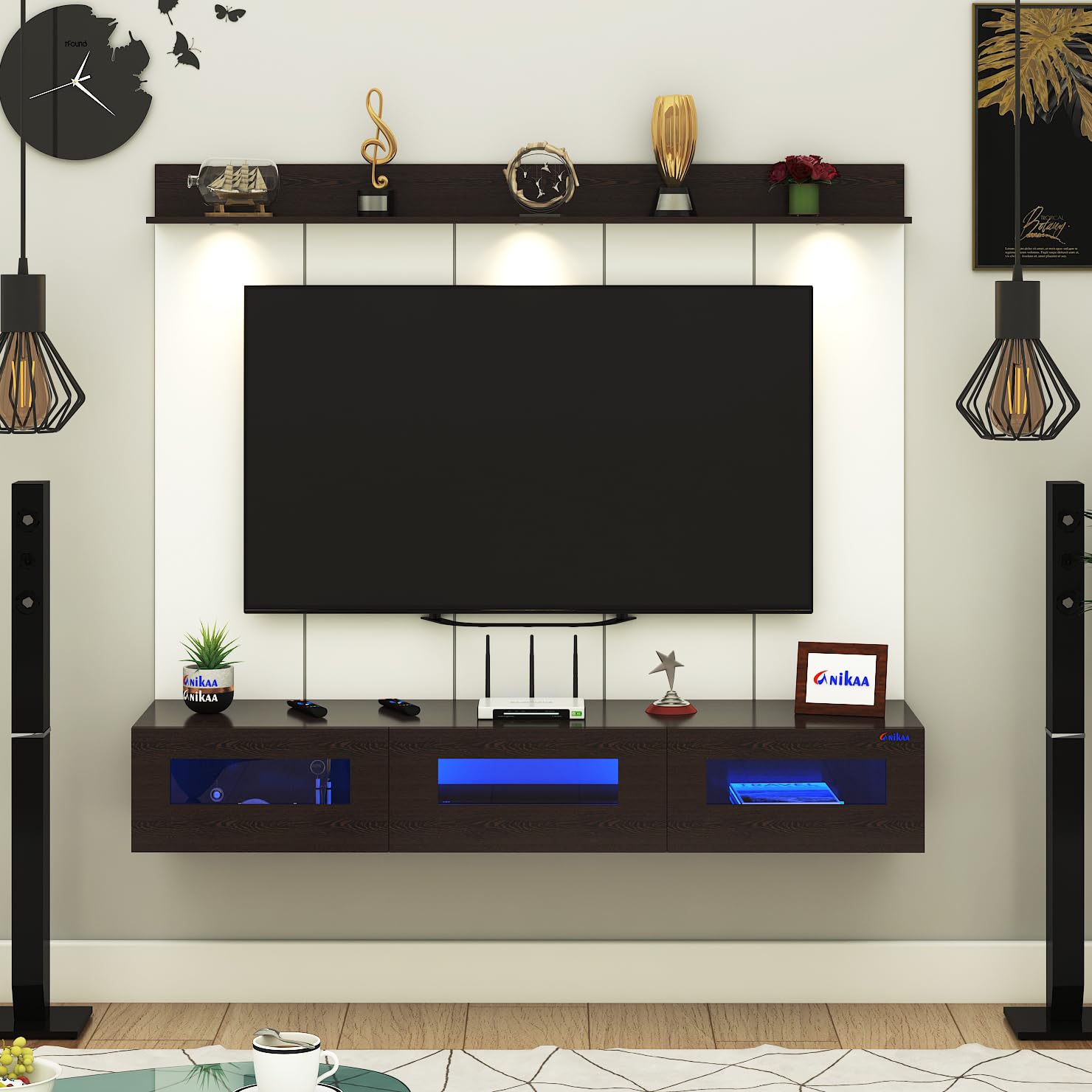 FURNIWUD Rayza Wall Mounted PVC Back Panel TV Unit with Spot & Blue Ambient LED Light - Acrylic Storage Box, Display Shelf & Soft-Close Hinges | Ideal for UP to 50 Inch TV (Wenge - DIY Installation)-image-29