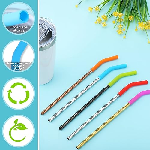 Miniatura 4 de Dingion 24 piezas de codos de silicona de grado alimenticio, puntas anchas de acero inoxidable, reutilizables, puntas de popote de silicona para