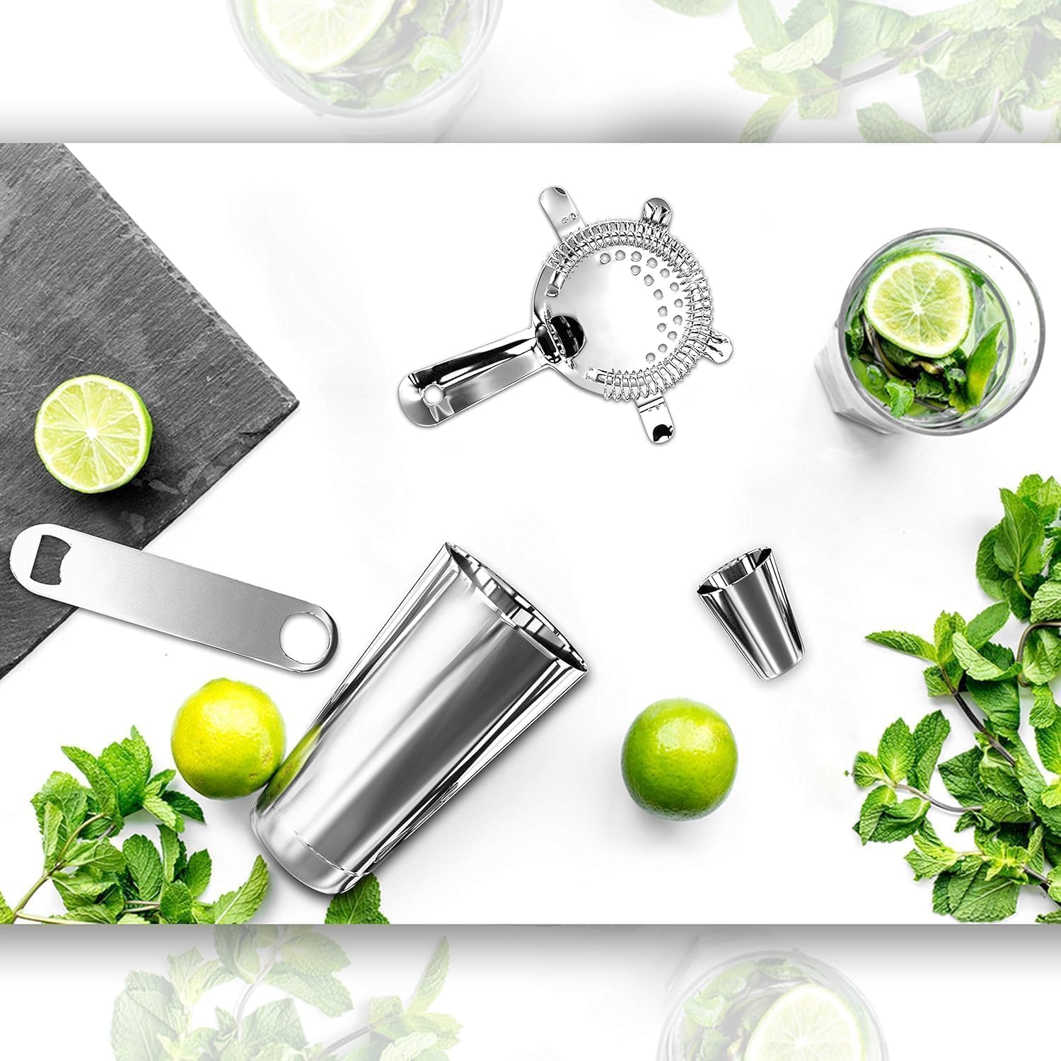 NutriChef Mixology Bartender Cocktail Shaker Set - Includes 15 & 30 oz Stainless Steel Shakers, 6 Bottle Pourers & More - Essential Martini Making Kit - Drink Mixing Set - 15 Piece Cocktail Bar Set - Image 3