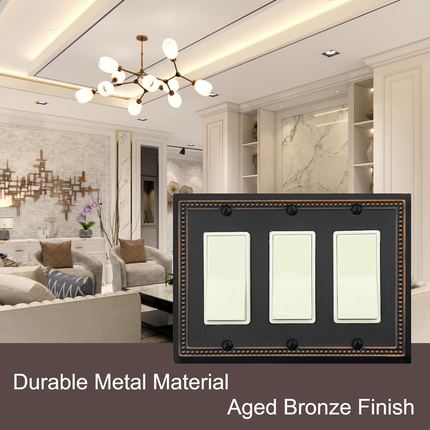Triple Decorator Light Switch Cover Belaire Beaded Metal Wall Plate, 2-Pack Aged Bronze 3 Gang Triple Rocker Oil Rubbed Bronze Receptacle Dimmer Switch GFCI Outlet Decorative Wallplate, Durable