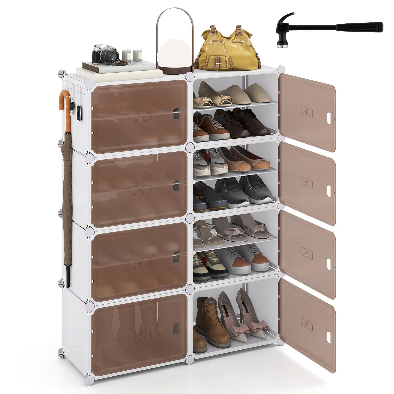 COSTWAY 4/6/8/10-Cube Shoe Storage Cabinet, Modular Plastic Interlocking Shoe Rack for 16/24/32/40 Pairs with Removable Shelves, Hooks & Doors, DIY Storage Organiser Unit for Hallway Closet (8 Cubes)