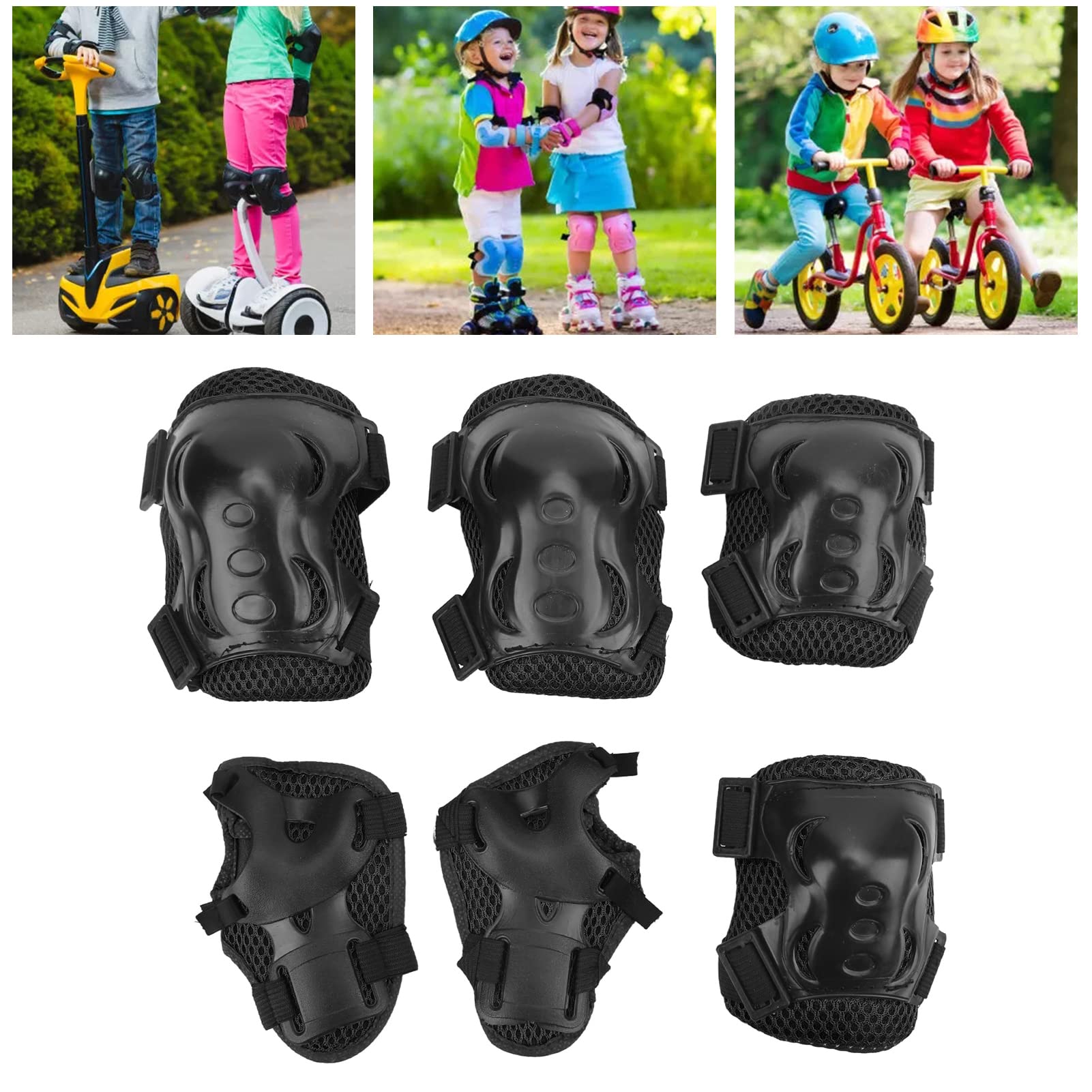 Leapiture 6pcs Set Roller Skating Protective Gear Kids Knee Pads and Elbow Pads Set Adjustable Knee Elbow Palm Guards Skateboard Accessories for 6 18 Years Old (Black)