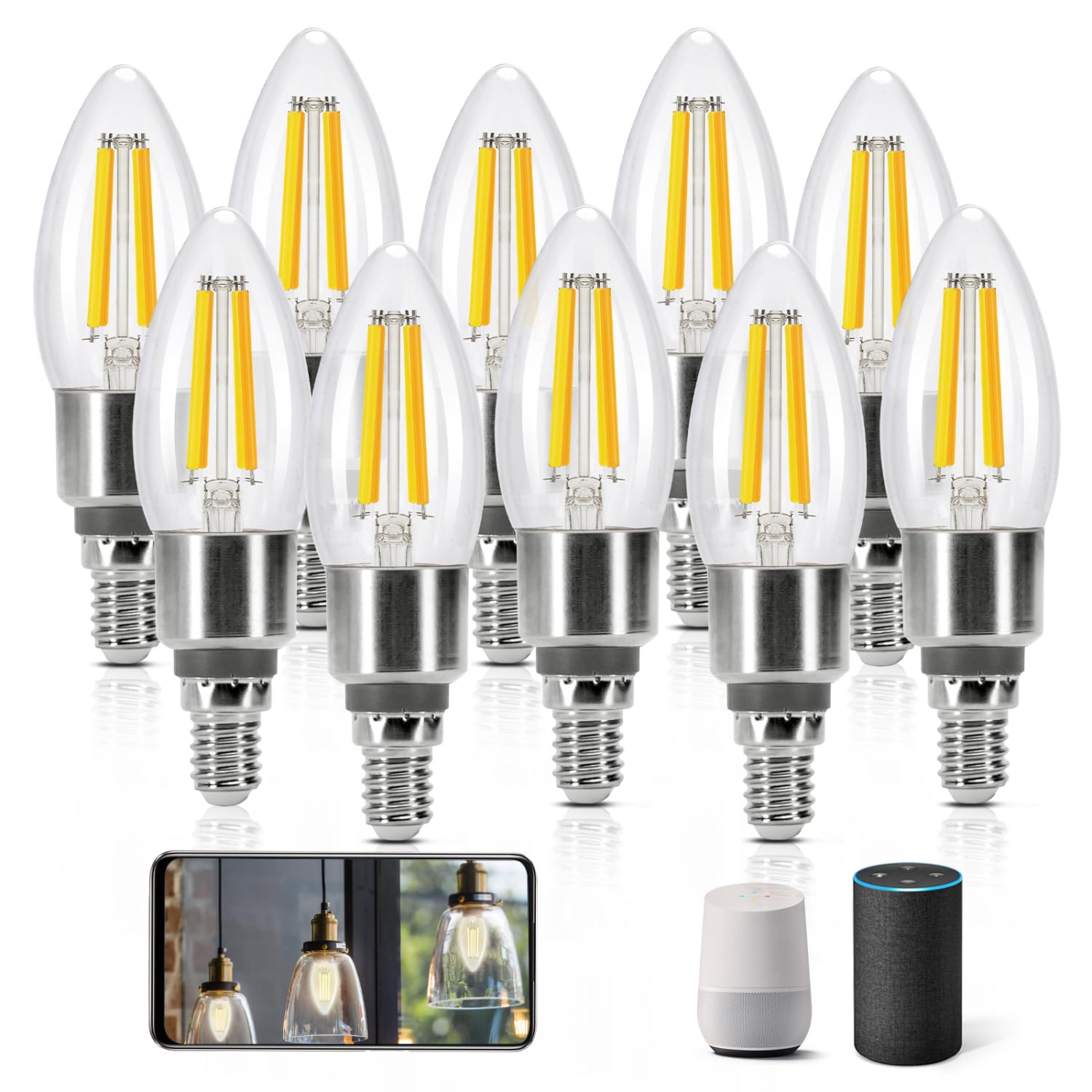 Aigostar Edison Bombillas Alexa LED E14 Bombillas Inteligentes 4.5W 470LM WIFI Bombilla Vintage C35 Bombillas Filamento Regulable 2700K-6500K, compatible con Alexa/Google Home. transparente 10 pack
