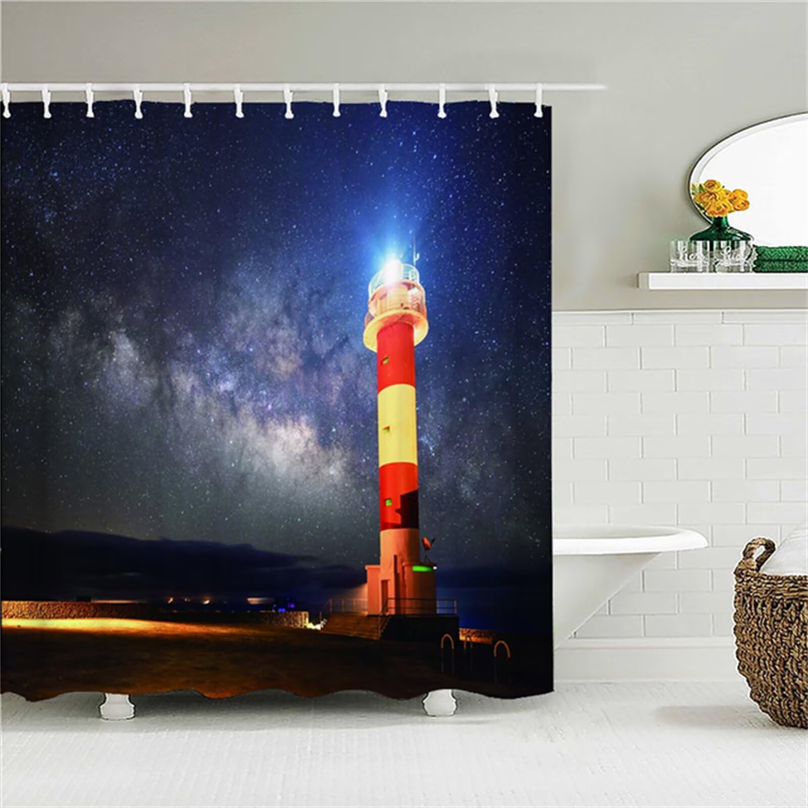 phare Rideau Douche W300cm x L200cm Rideaux de Douche Anti Moisissure Tissu Imperméable avec Crochets, Rideaux Lourd Polyester Lavable, 3D Shower Curtain Hôtel Baignoire Salle de Bains Decor M-84