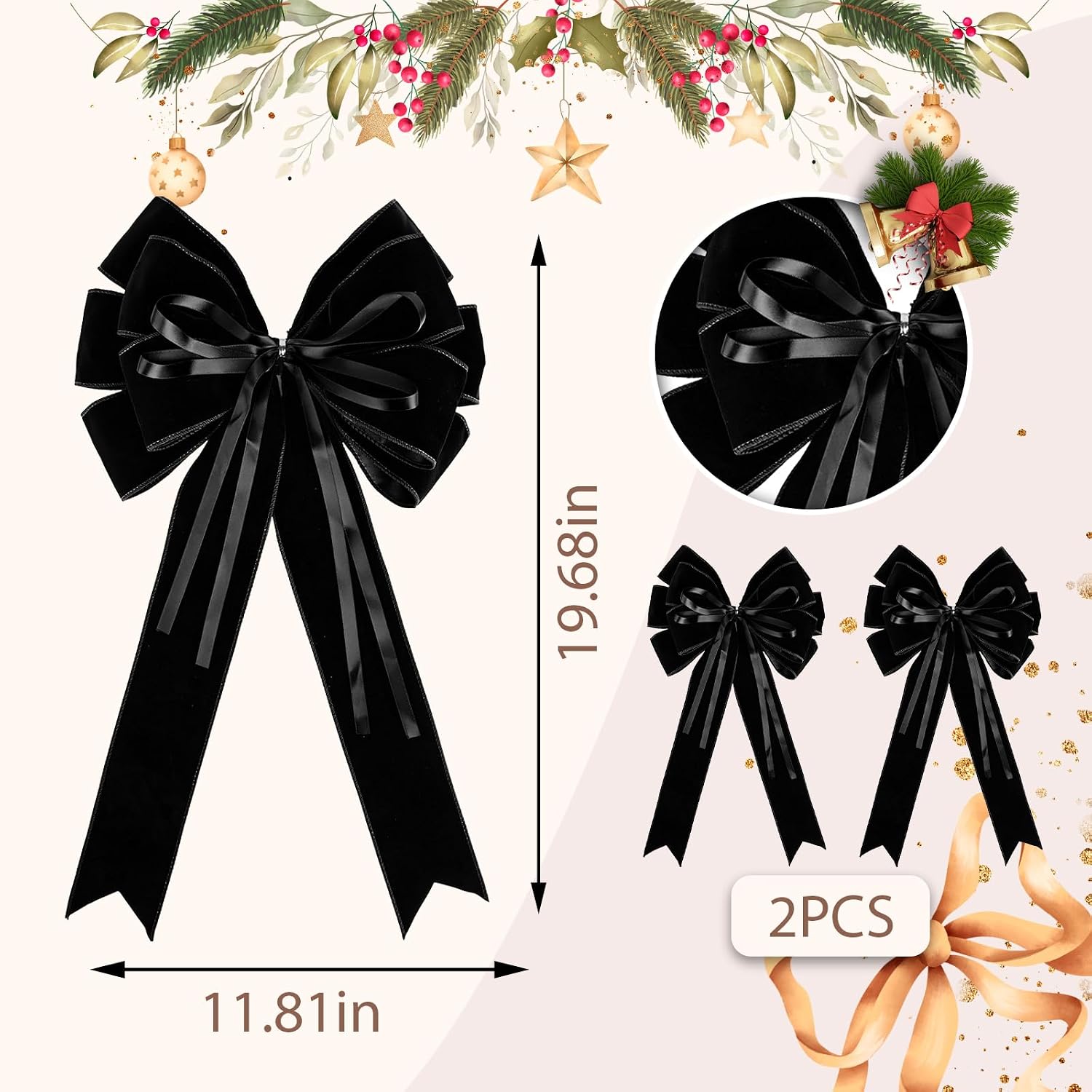 2 Pieces Christmas Wreath Bows for Front Door, Black Velvet Bowknot Holiday Bows Accessories for Wreath Christmas Wedding Decorations