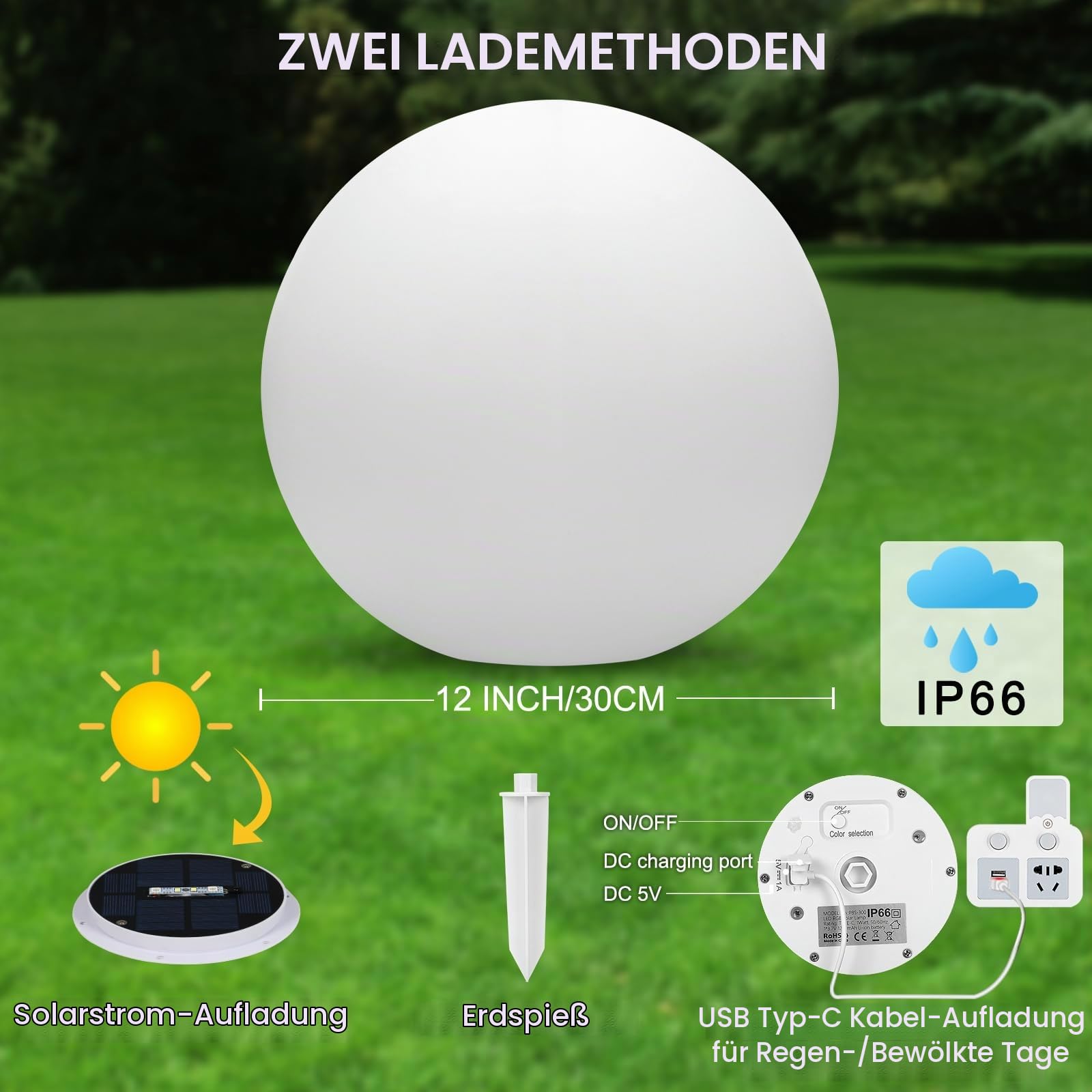 2PCS WRGB LED Solarleuchte für Garden, 30cm Solarlampe Kugelleuchte mit Fernbedienung, 16 Farbwechsel, 1200mAh Type-C Aufladbar Wasserdicht Kugellampe für Teich Balkon Rasen Patio Innen Terrasse IP66