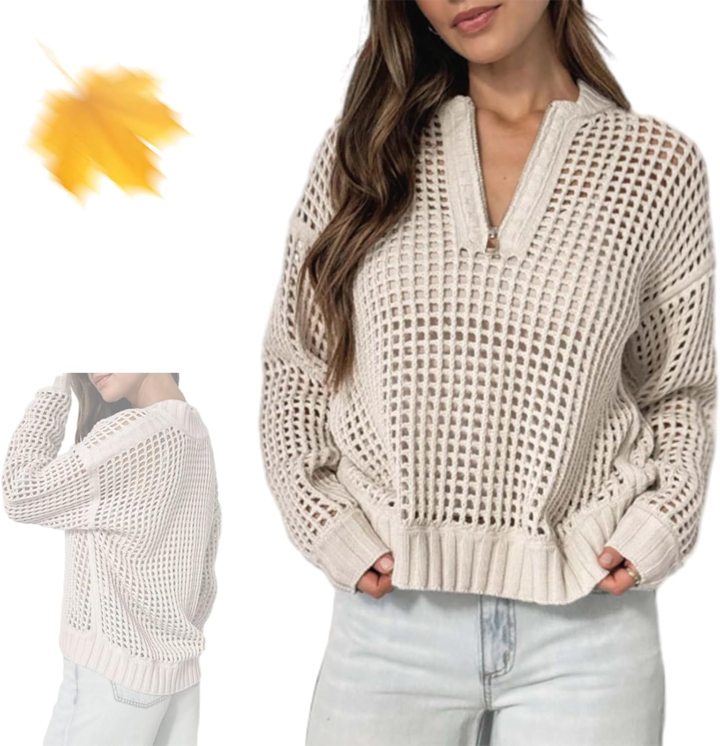 Women Round Neck Plaid Hollow Out Top, Fall Quarter Zip Crocheted Sweater Women, Long Sleeve Knit Pullover Sweater