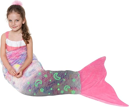 Catalonia Mermaid Tail Blanket for Girls, Glow in The Dark Mermaid Sleeping Bag for 3-14 yrs Kids, Mermaid Gift for Girls