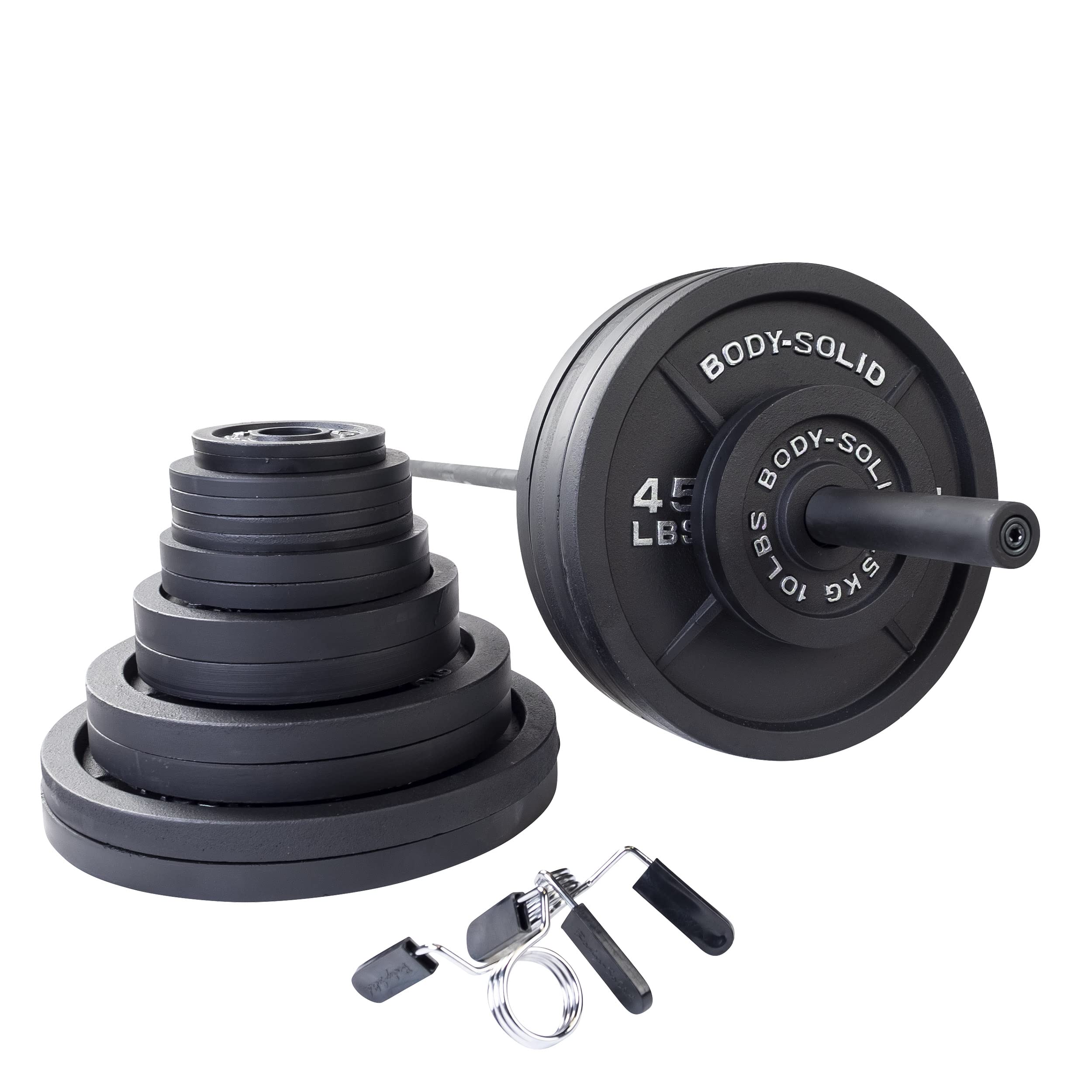 Body-Solid Cast Iron Olympic Weight Plate Set with Bar - Free Weights, Dumbbell Plates, 2 Inch Standard Hole for All Barbell Types, Weight Sets, Black
