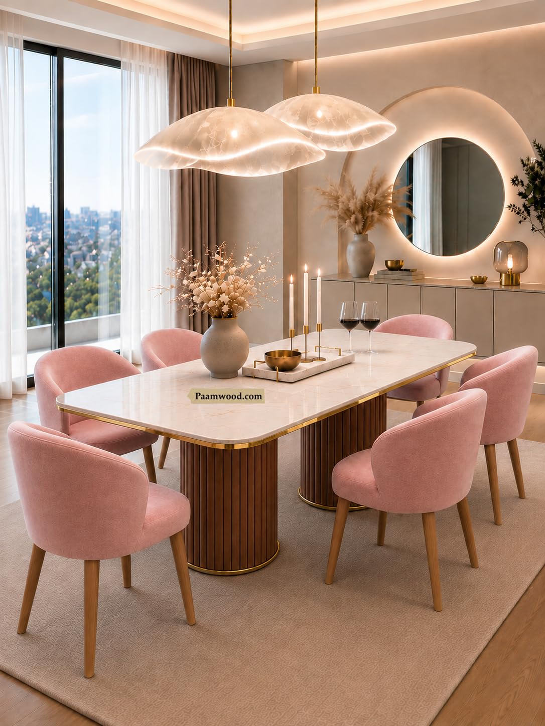 Luxury Dining Table with Nano Composite Marble Top & Golden Strip | Solid Wood Base, Scratch Proof Top, 72x36x30 Inch, Swed Fabric Finish, Water Resistant, 2yr Warranty-image-1