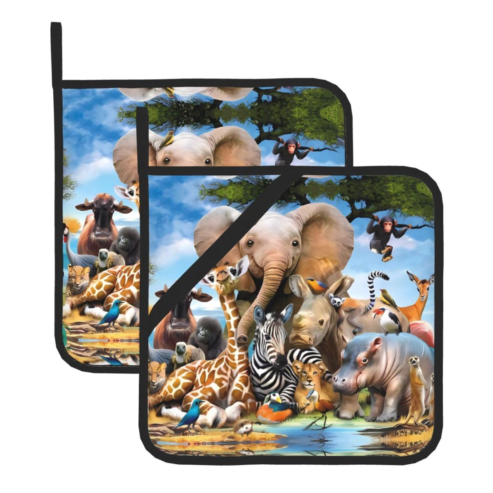 WHJDPP wildanimals elephant Prints Square Hot Pads for Kitchen - Waterproof Pot Holders Set of 2, Durable Trivets with Pocket & Hanging Loop for Hot Dishes & Oven Use