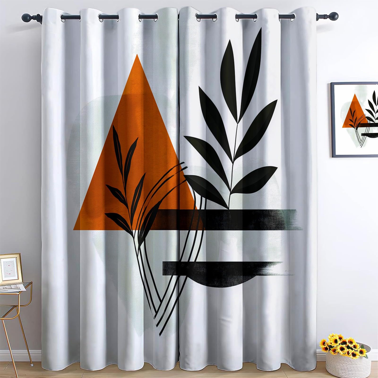 100% Blackout Curtains Simple Plants Lines, Eyelet Thermal Insulated Window Drapes for Bedroom Living Room, Noise Reducing Blackout Curtain Panels for Boys Girls, 46 x 72 Inch, Light Color