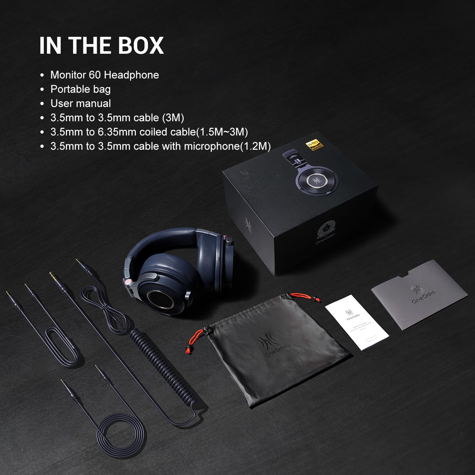 OneOdio Słuchawki z kablem, monitor 60, profesjonalne, zamknięte słuchawki studyjne 38 omów, słuchawki nauszne ze sterownikiem 50 mm Hi-Res Audio, odłączany kabel (3,5 mm/6,35 mm), do podcastów,