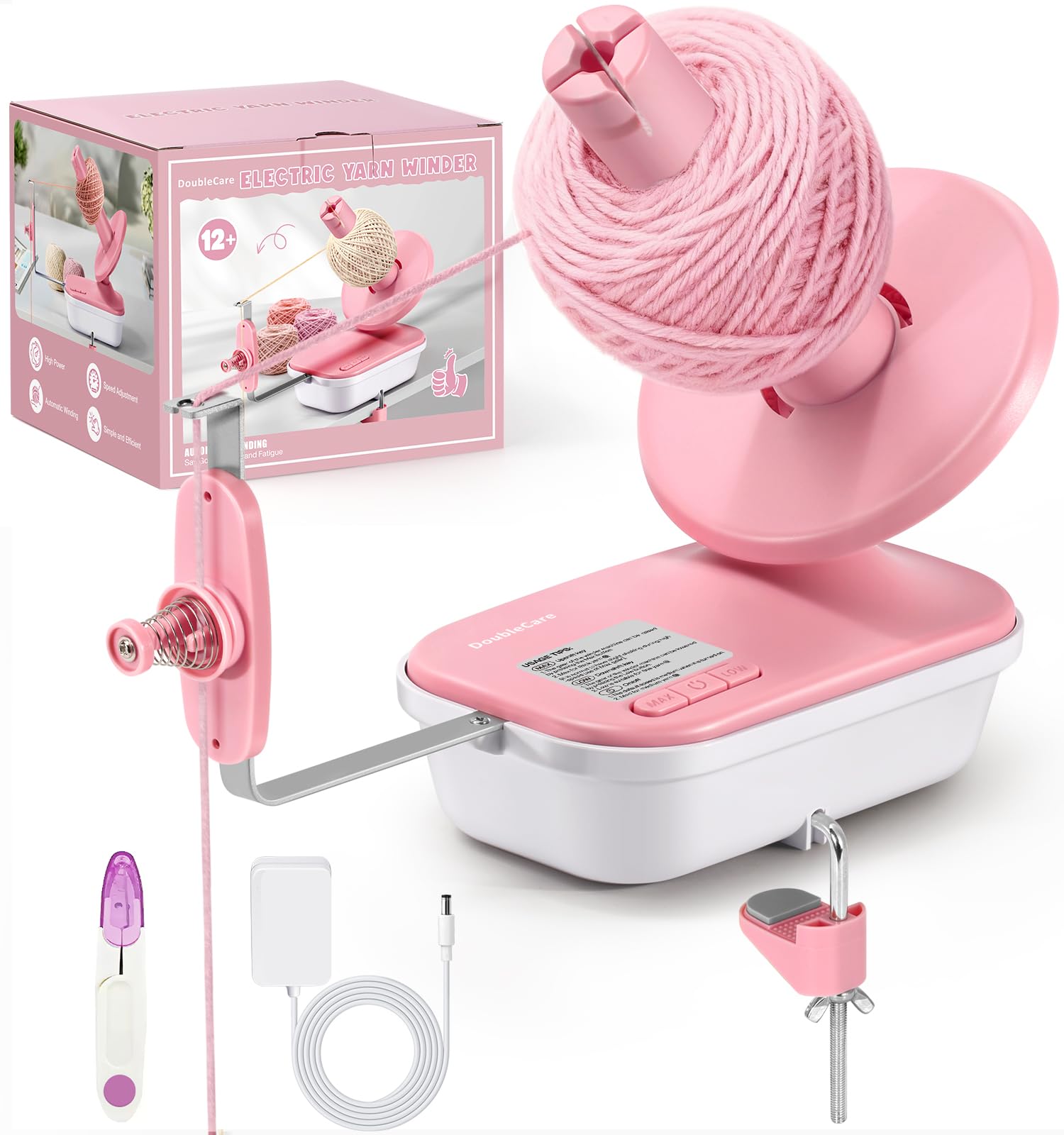 Bobinadora de Lana Eléctrica para Crochet de Alta Velocidad, Bobinadora Automática de Bolas de Hilo de Gran Capacidad Ajustable de 4 a 10 oz con Tres Velocidades Mejorada, Niladora de Hilo, Rosa