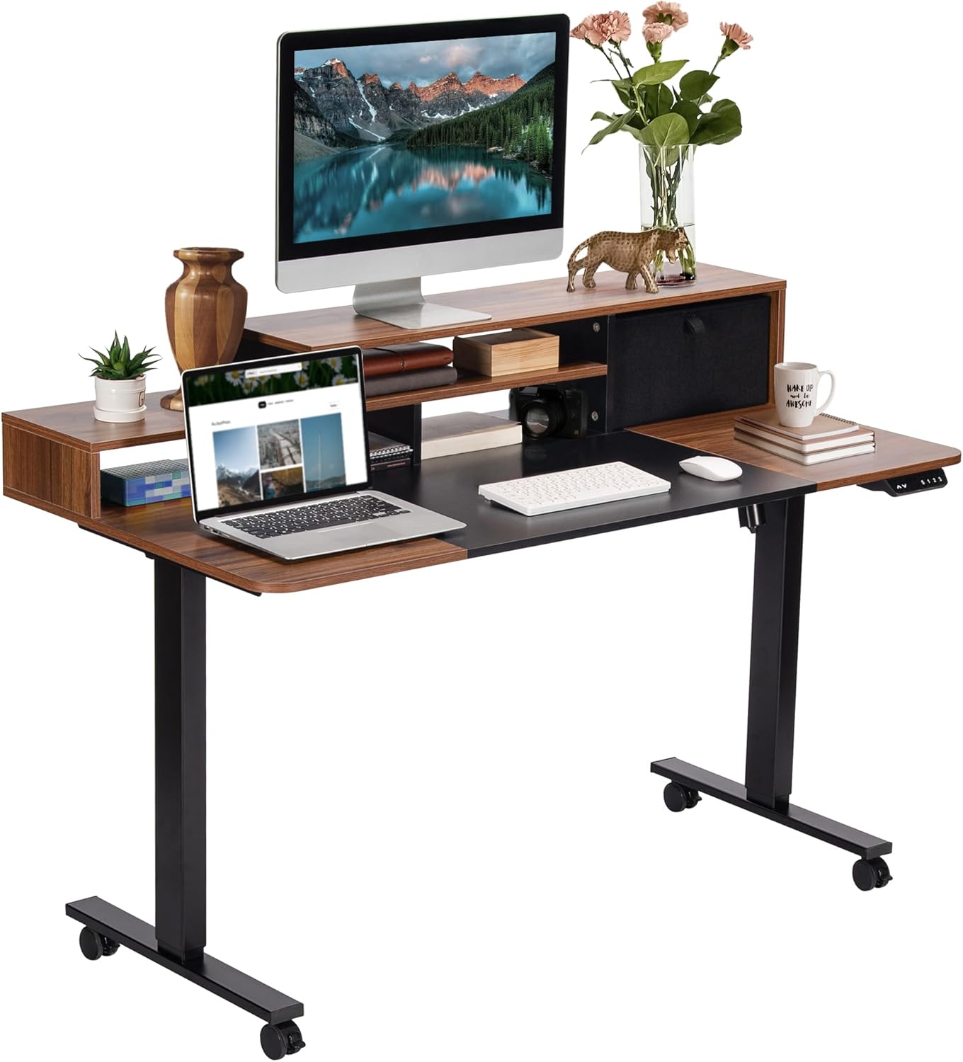 Fromann 55×28in Height Adjustable Standing Sit Stand Up Desk Electric Desk with Bookcase for Home and Office (Dark Woodgrain)