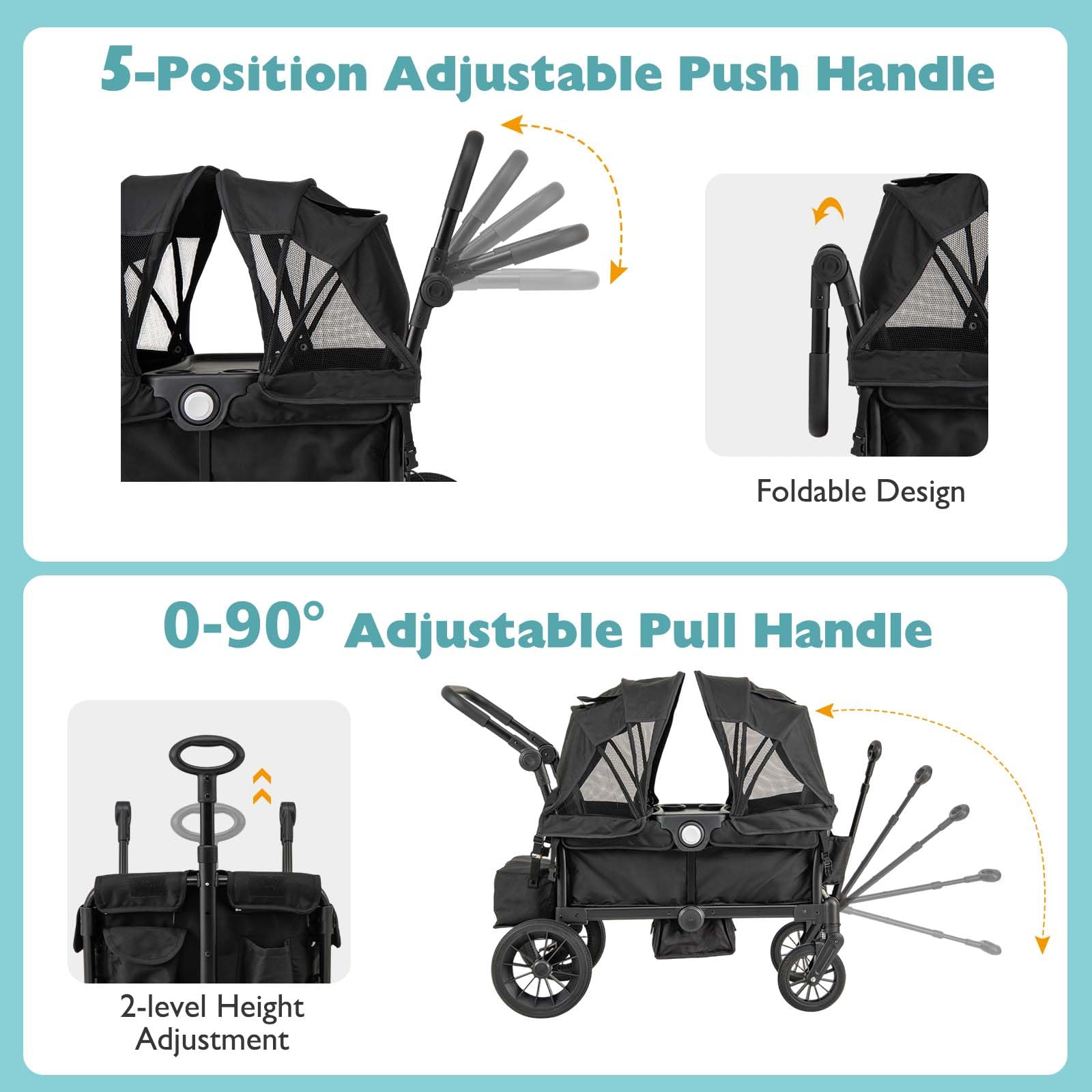 DREAMADE Kinderwagen für 2 Kinder, faltbar Bollerwagen mit Sonnendach, Zwillingskinderwagen mit verstellbaren Griffen, Sicherheitsgurt & Stauraumtaschen, Reisebuggy für Baby ab 6 Monaten (Schwarz)