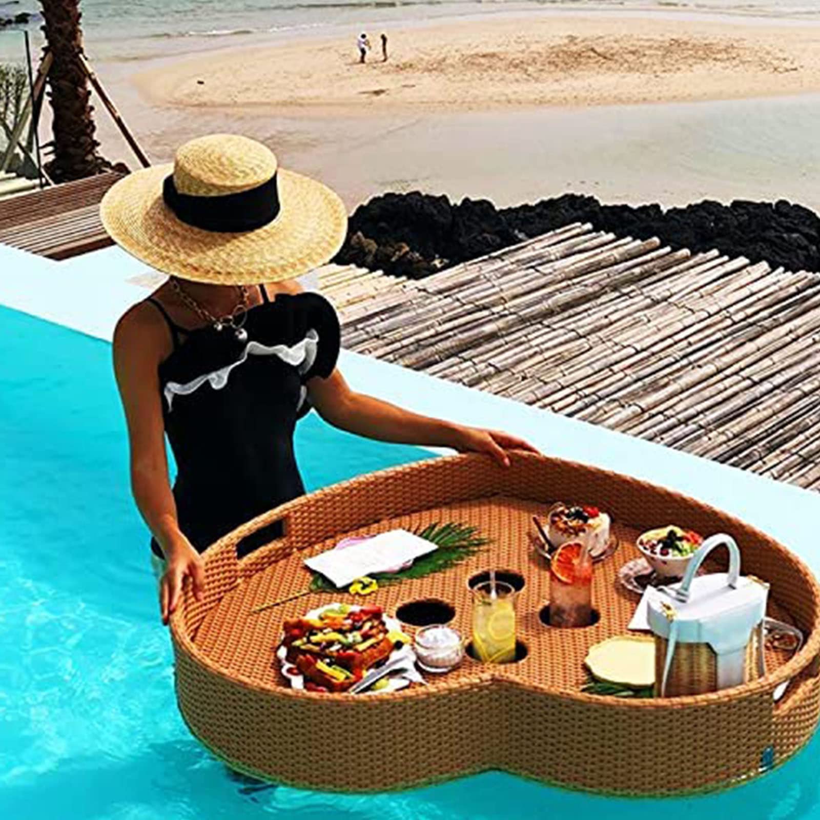 Table de Petit-déjeuner Flottante en Forme de cœur, Plateau de Piscine Flottant en rotin, Plateau de Buffet Flottant, Porte-Boissons, Flotteur de Piscine pour Barres de Sable, spas, fêtes, n