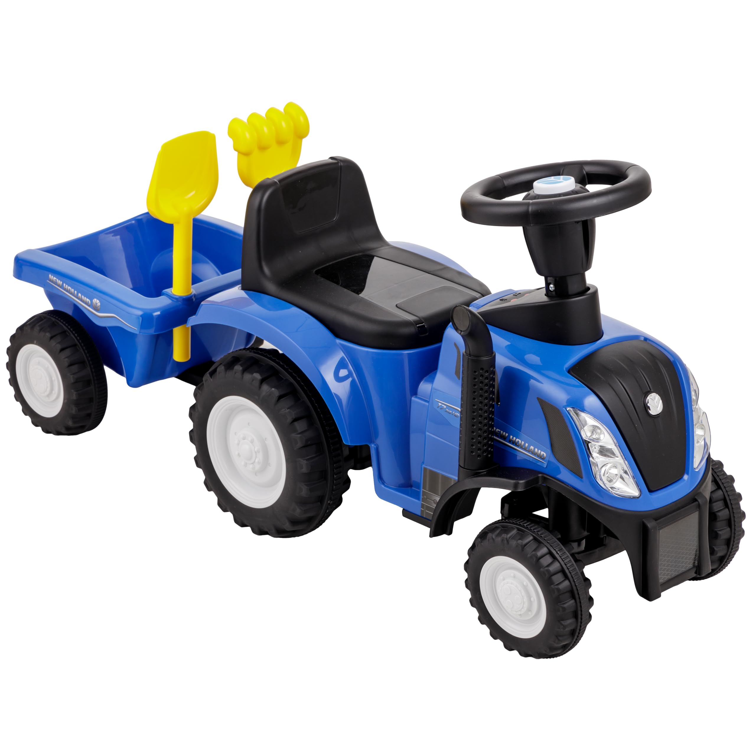 Baroni Toys Trattore Ride-On con Rimorchio per Bambini dai 12 a 36 mesi, Trattore con Clacson ad Aria, Volante Sterzante, Suoni e Fari Funzionanti, Paletta e Rastrello Inclusi, 29x91x44 cm, Blu