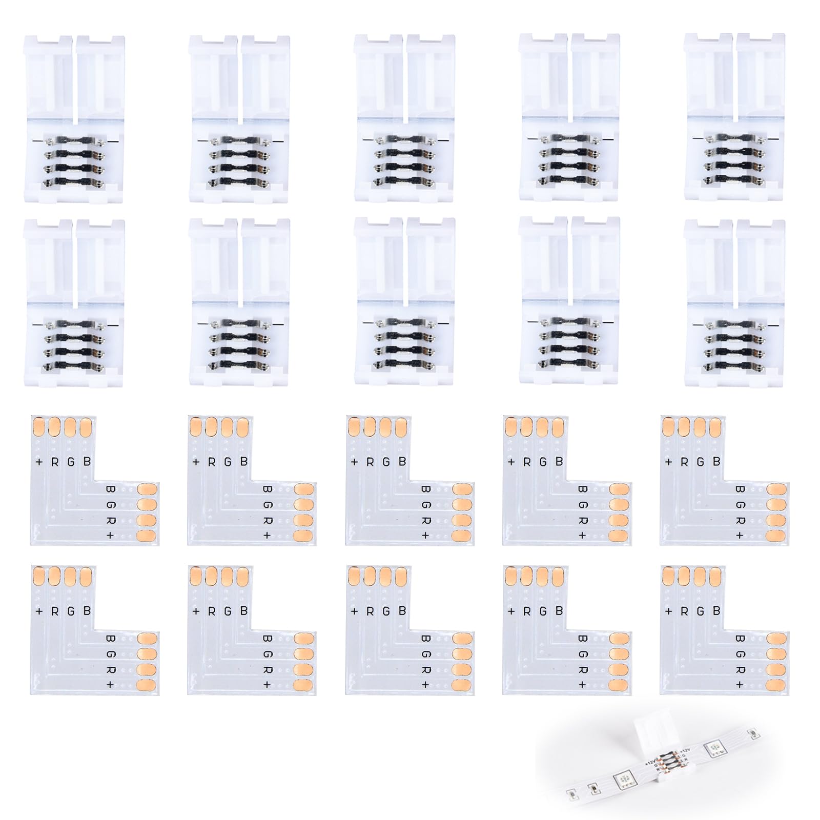 20Pcs 4 Pin LED Strip Light Connectors, 10mm LED L-Shape Strip Connector Kit with 10Pcs Solderless Gapless Strip Connector Block 10 PCS L Shape Fixed Buckle Adapters for Multicolor RGB LED Strips