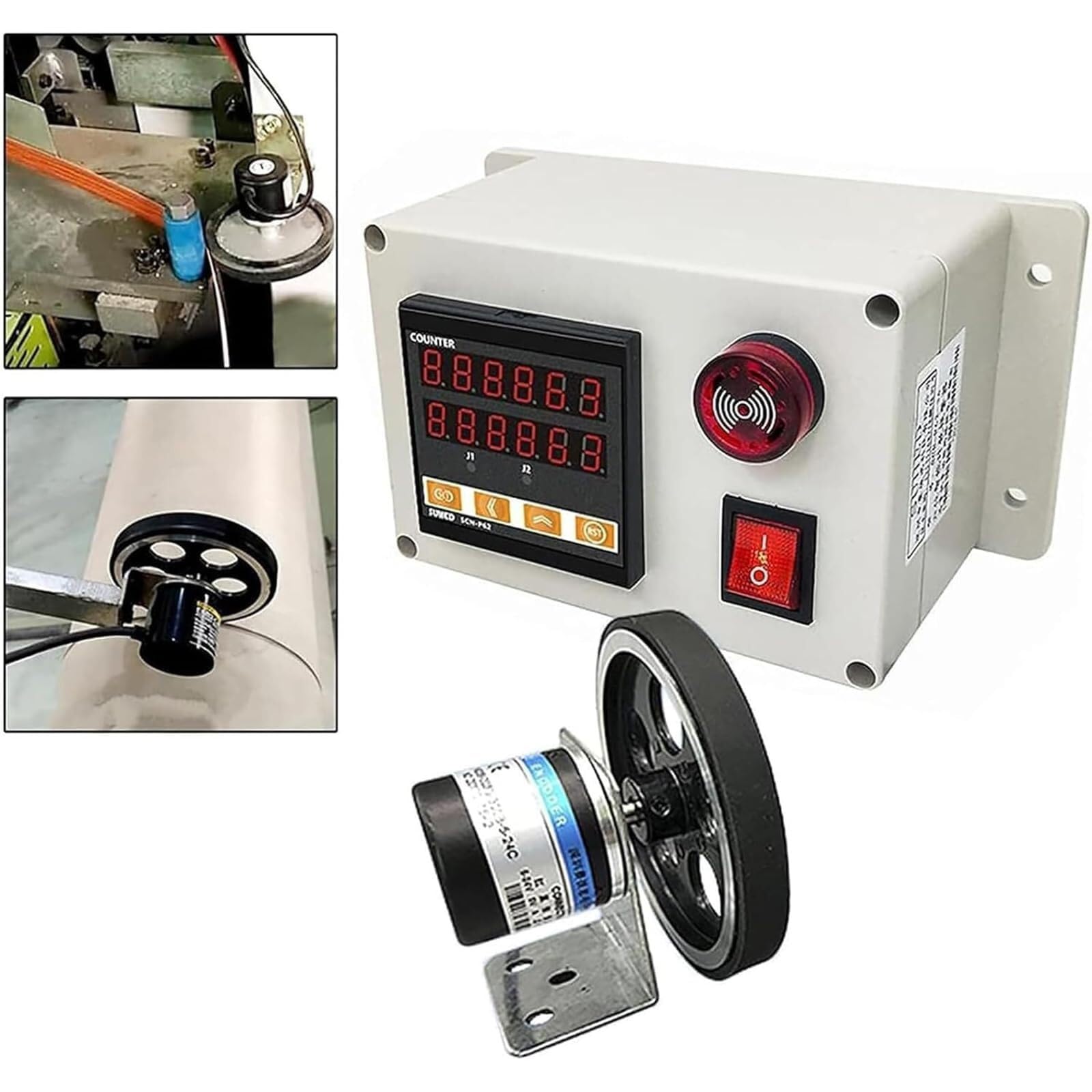 Contador de longitud con rueda rodante, control dual y alarma, rango 0-999999 para tela, acero, láminas