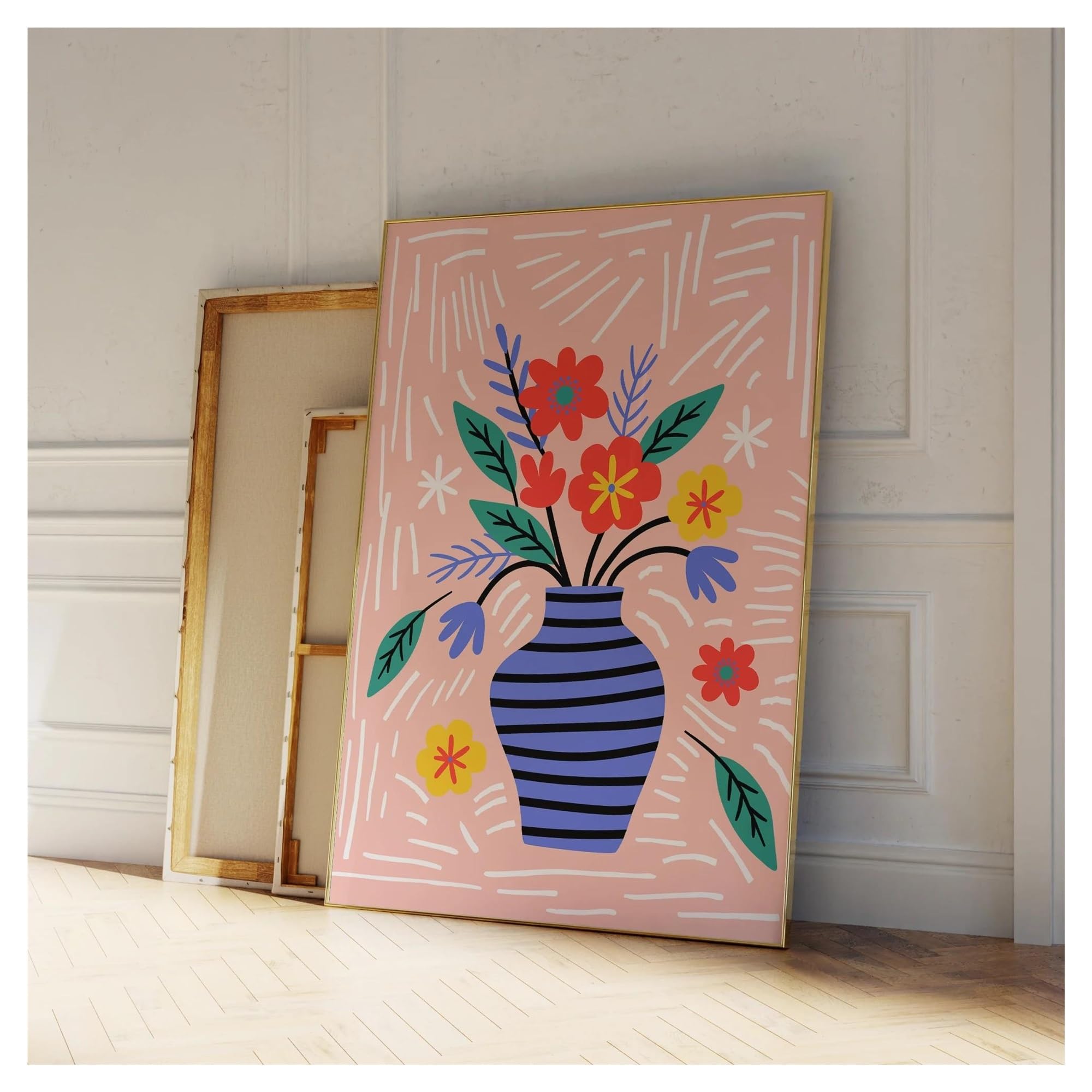 Peinture sur toile vase moderne fleurs rose pour décoration de salon