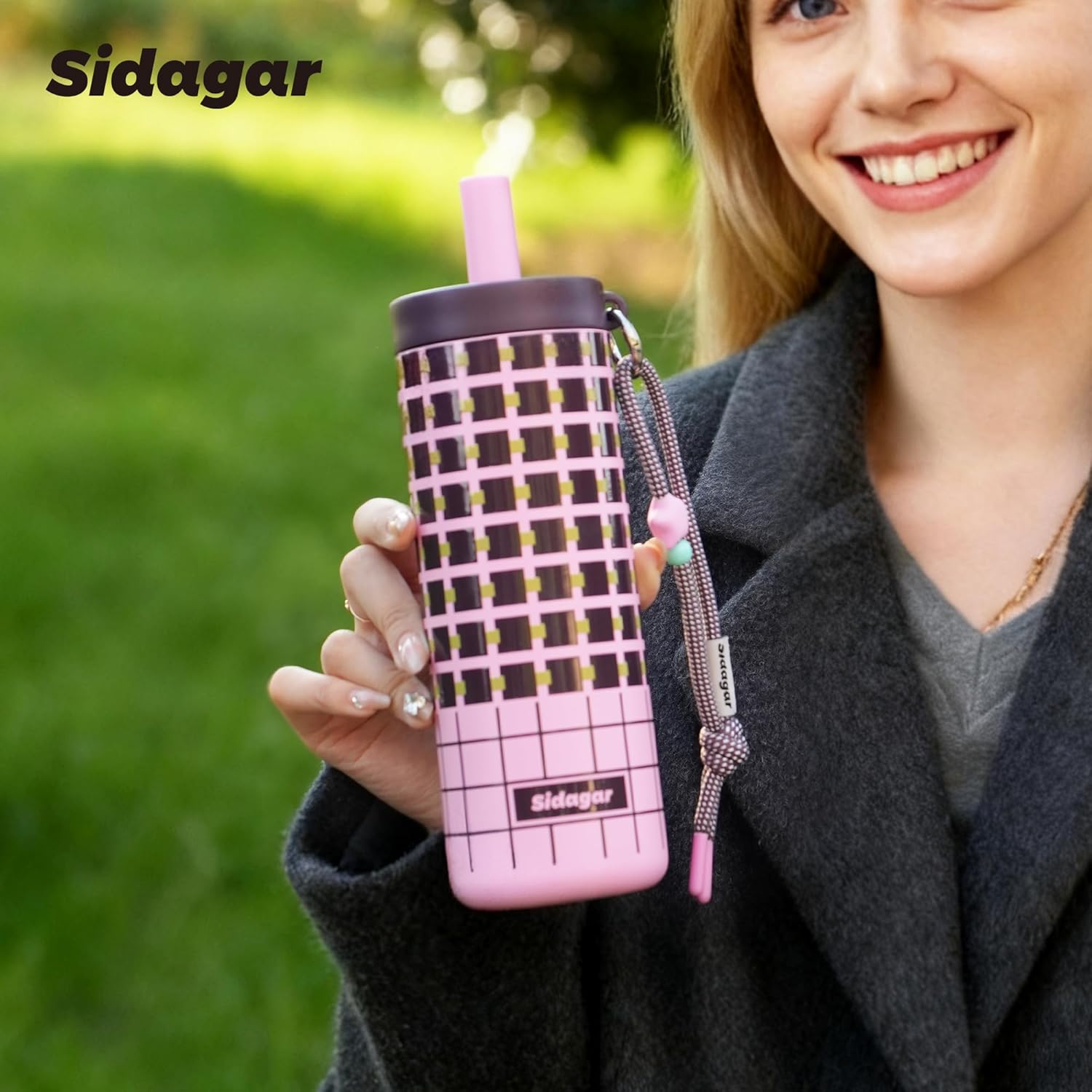 24 oz Tumbler with Handle and Straw, Leak-proof Reusable BPA-Free Cup, Balletcore Berry Pink Grid, Commute Yoga Office Travel, Picnic & Campus Essentials, Star Charm - Berry Pink - Image 3