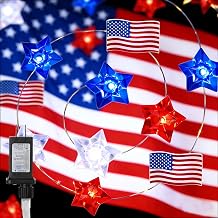 100 LED Patriotic String Lights, Red White & Blue Stars + American Flags, Multi-Function, 4.5V Battery Powered, for Independence Day & Patriotic Decor