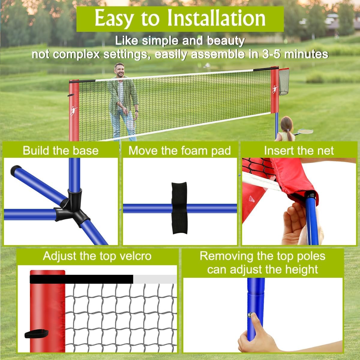 Redes de Badminton, Red Voleibol Portátil, Juego de Red Pickleball Altura Ajustable, Set Portátil para Tenis y Fútbol con Paletas de Raquetas Badminton, para Juegos en Interior y Exterior