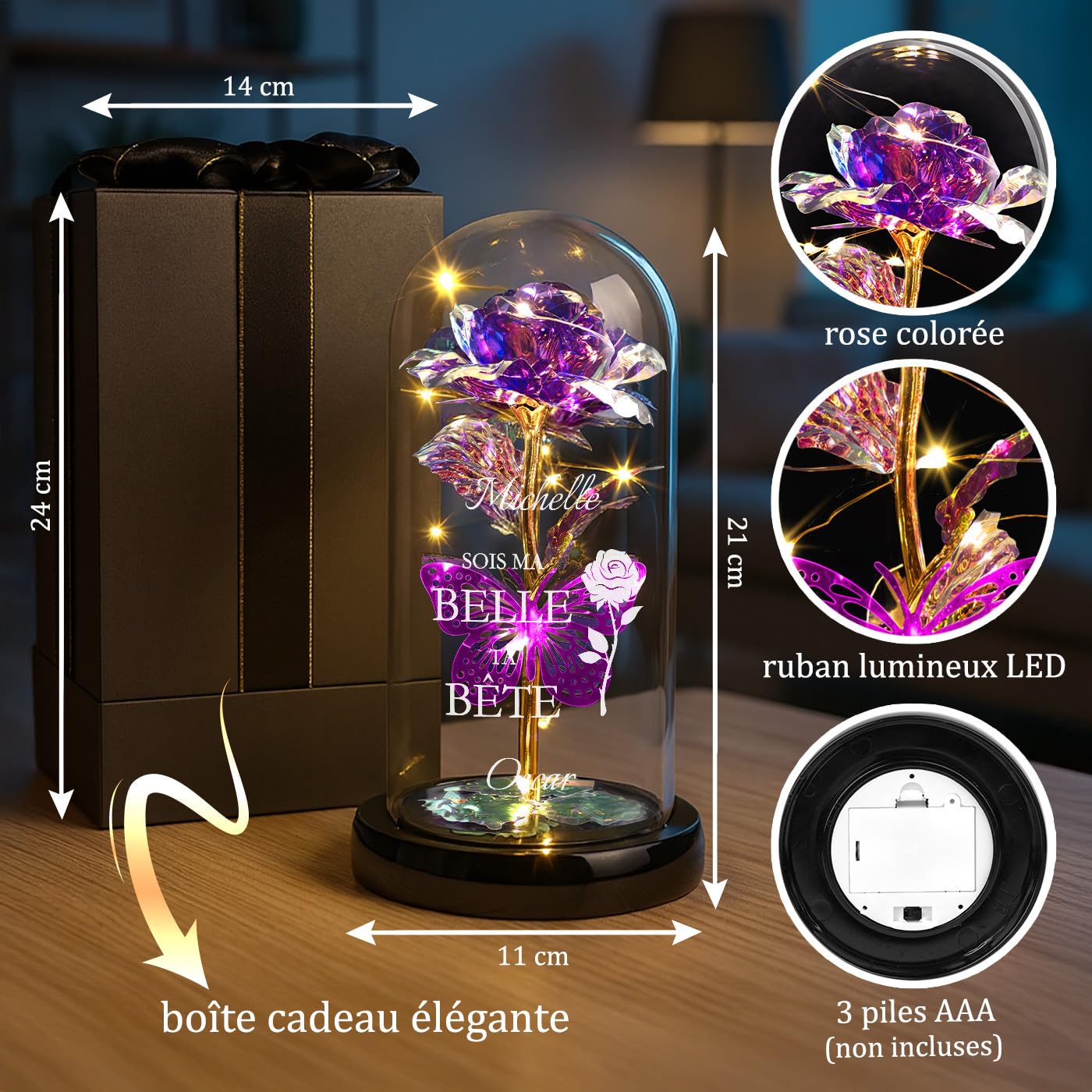 Maverton Rose Eternelle sous Cloche en Verre avec Personnalisation - Fleur Eternelle Cadeau Personnalisé 21x11 avec Lumière LED - Idee Cadeau Femme Anniversaire pour Elle Maman Mamie - Belle et Bête
