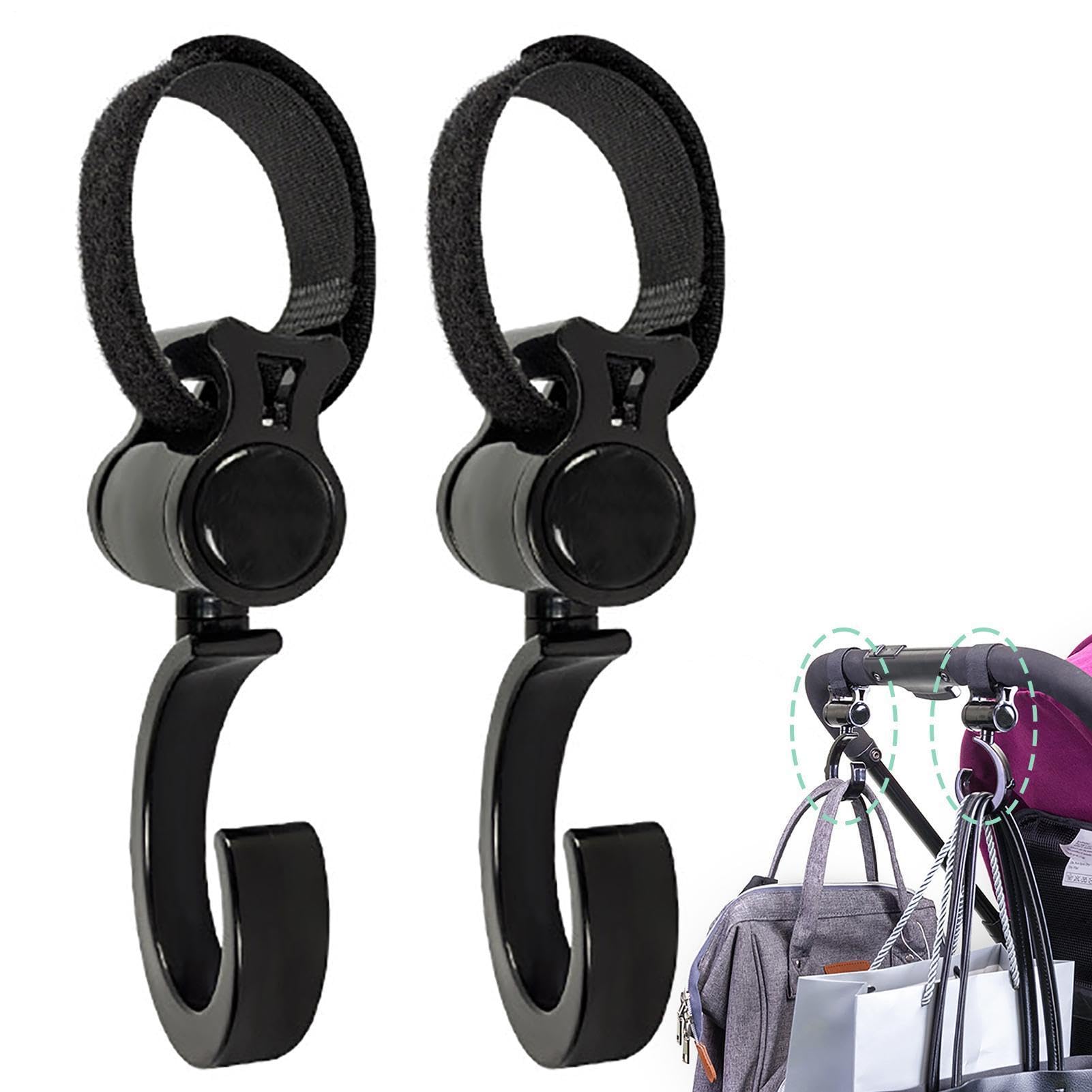 Clips universales para cochecito, ganchos giratorios de 360 grados, paquete de 2 ganchos multiusos para bolsas de pañales, accesorio de compras, organizador de viaje fácil de instalar, ideal para