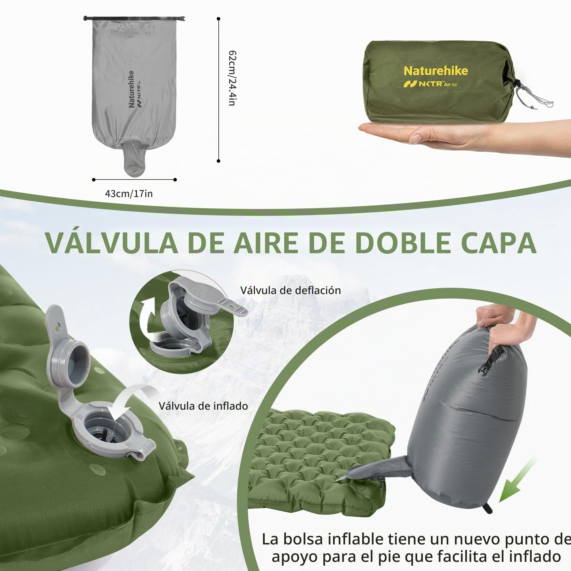 Naturehike Estera de Dormir para Acampar Térmica 4.6R Ultraligera para 4 Estaciones (-15℃) Autoinflable con Bolsa Inflable, Estera para Dormir, Colchón de Aire, Duradera, Alto Valor R, Alta Insulación