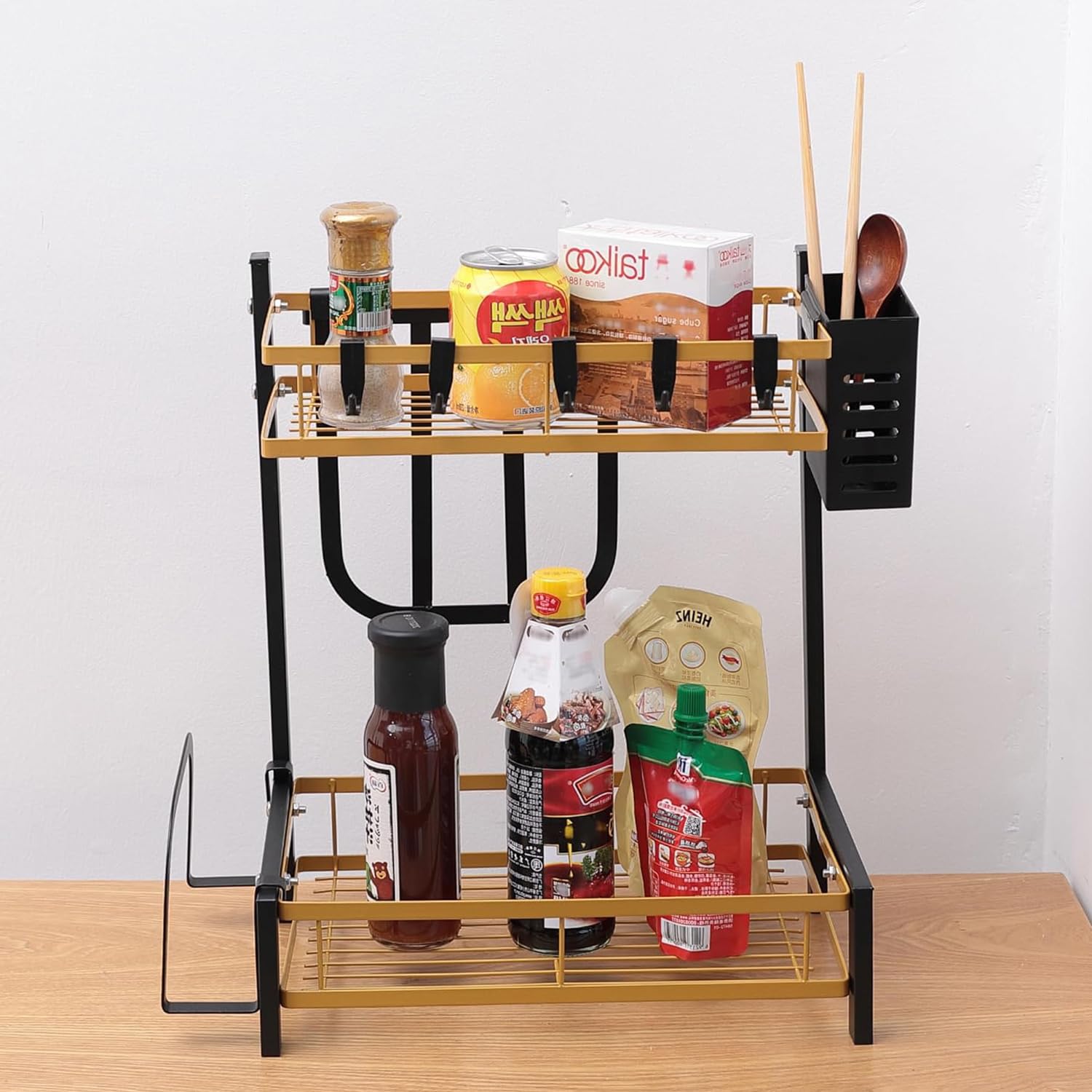 Kuber Industries 2-Layer Dish Drying Rack|Storage Rack for Kitchen Counter|Drainboard & Cutting Board Holder|Premium Utensils Basket (Gold & Black)