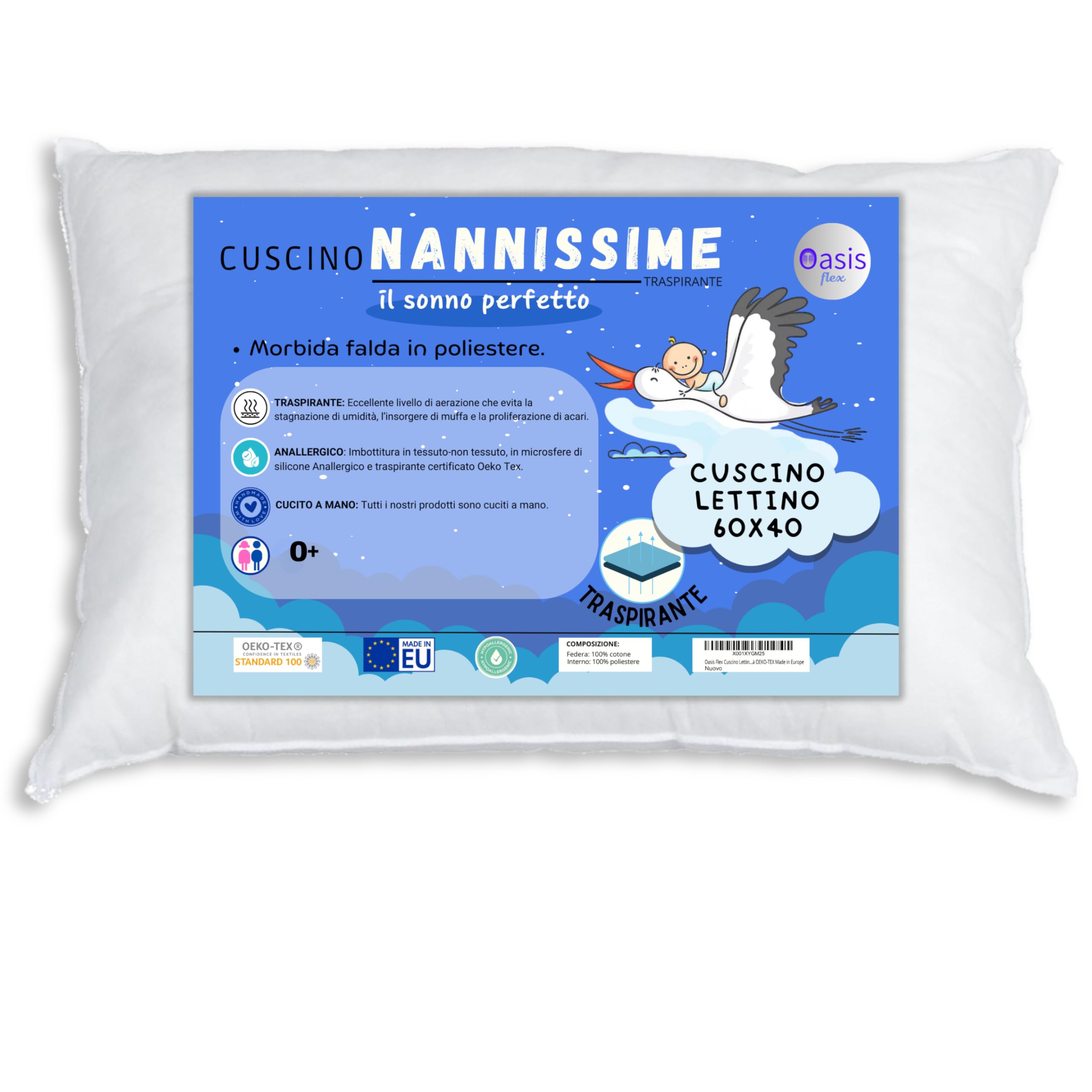 Cuscino Lettino Bambino 60x40 Cm - Cotone 100%, Antiacaro, Made In Italy, Alto 4 Cm - Foto 11