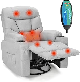 COSTWAY Massage Recliner Chair, Swivel Armchair Reclining Sofa Chair with Rocking Function, Lumbar Heating, Retractable Footrest and Cup Holders, Home Theater Cinema Lounge Chair (Grey, Linen Fabric)