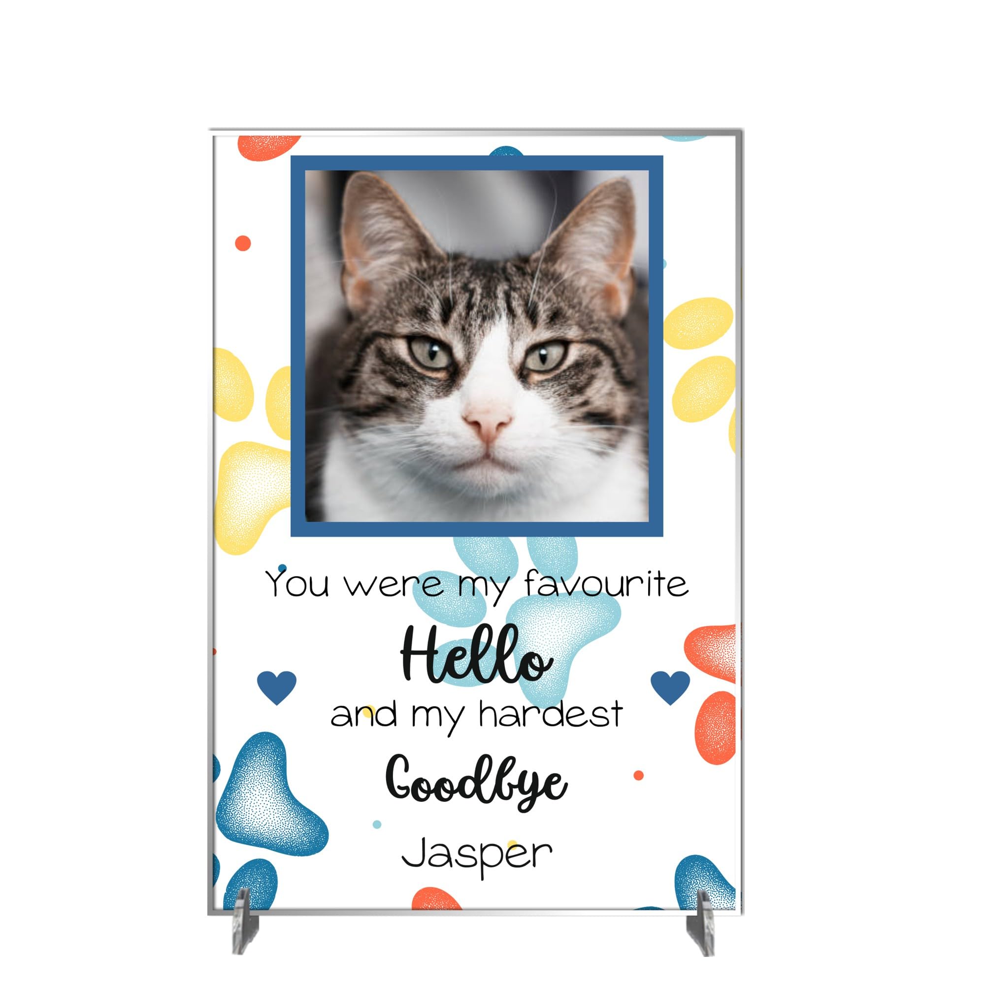 Personalised Pet Bereavement Photo Plaque - "Favourite Hello Hardest Goodbye" Custom Memorial, Available in MDF or Acrylic, Size 148mm x 210mm (Acrylic A4 30cm x 21cm, Blue)