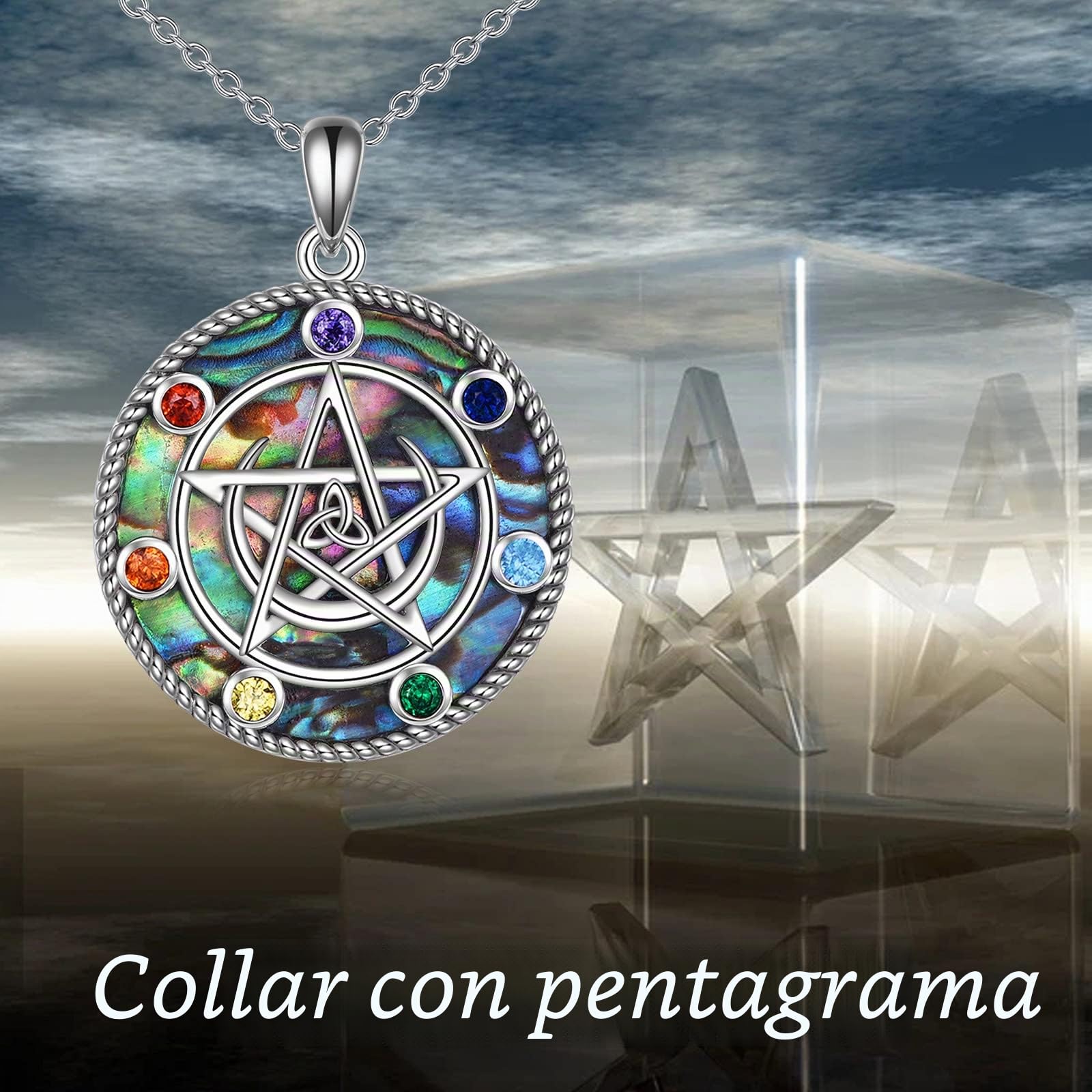 YAFEINI Collar de Pentáculo de Pentagrama, Colgante de Plata de Ley 925 con Colgante de 7 Chakras, Collares de Luna Creciente con Estrella Wiccan, Regalos de Joyería Para Mujer