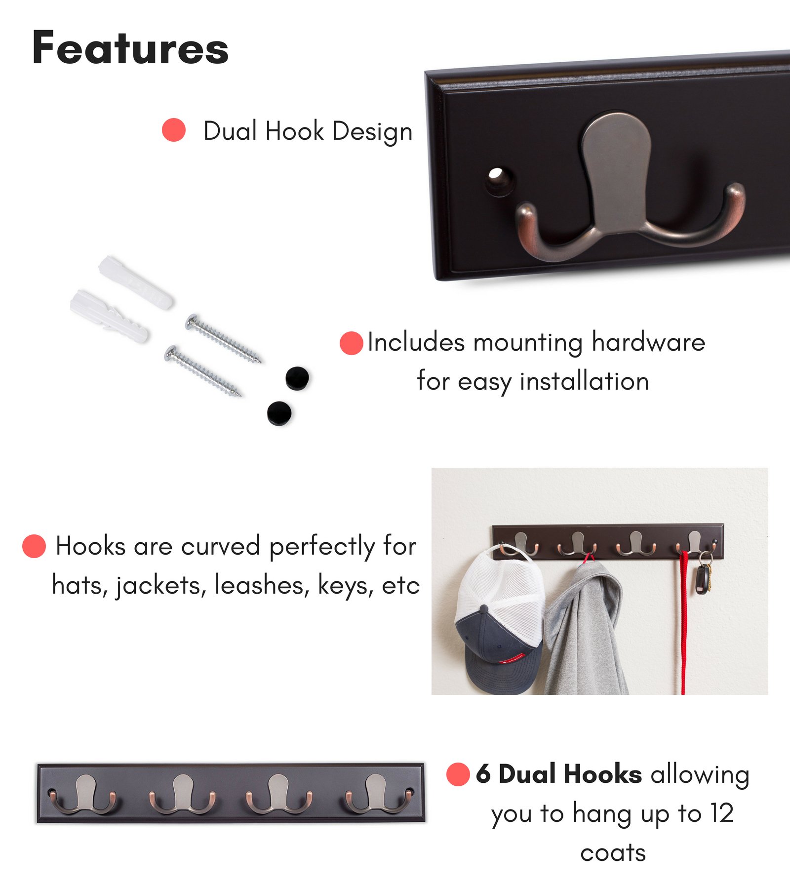 BirdRock Appendiabiti da parete con ganci di forma ovale per chiavi e cappelli, Oil Rubbed Bronze Hooks/Dark Brown, 4 Hook