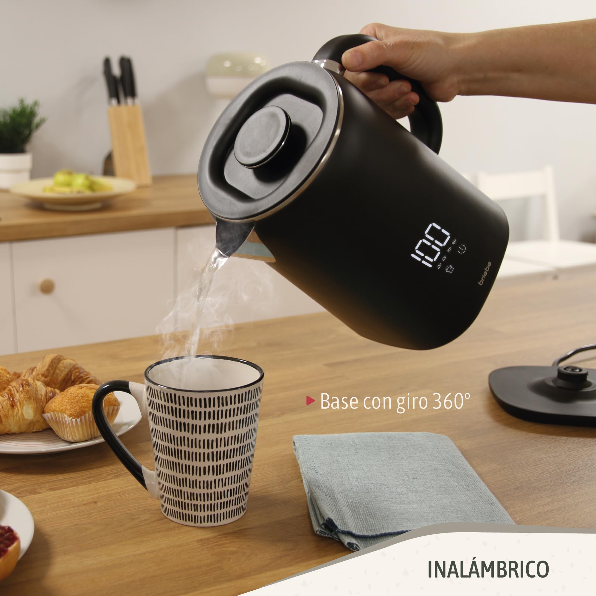 briebe eBoil Hervidor Agua Eléctrico 1,7L Regulador de Temperatura Digital 45°C a 100°C Función Keep Warm, 1500W, Interior Acero Inox, Libre de BPA, Base de 360°, Controlador Strix, Negro