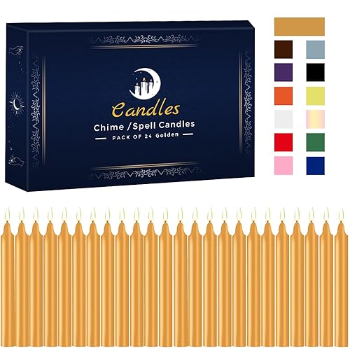 24 Pack Golden Spell Chime Candles – Premium Mini Unscented Taper Candles for Rituals, Prayer, Birthdays, Meditation, Altar, Spells, Chime Candles - 4 Inch Tall - Ideal for Witches - Golden